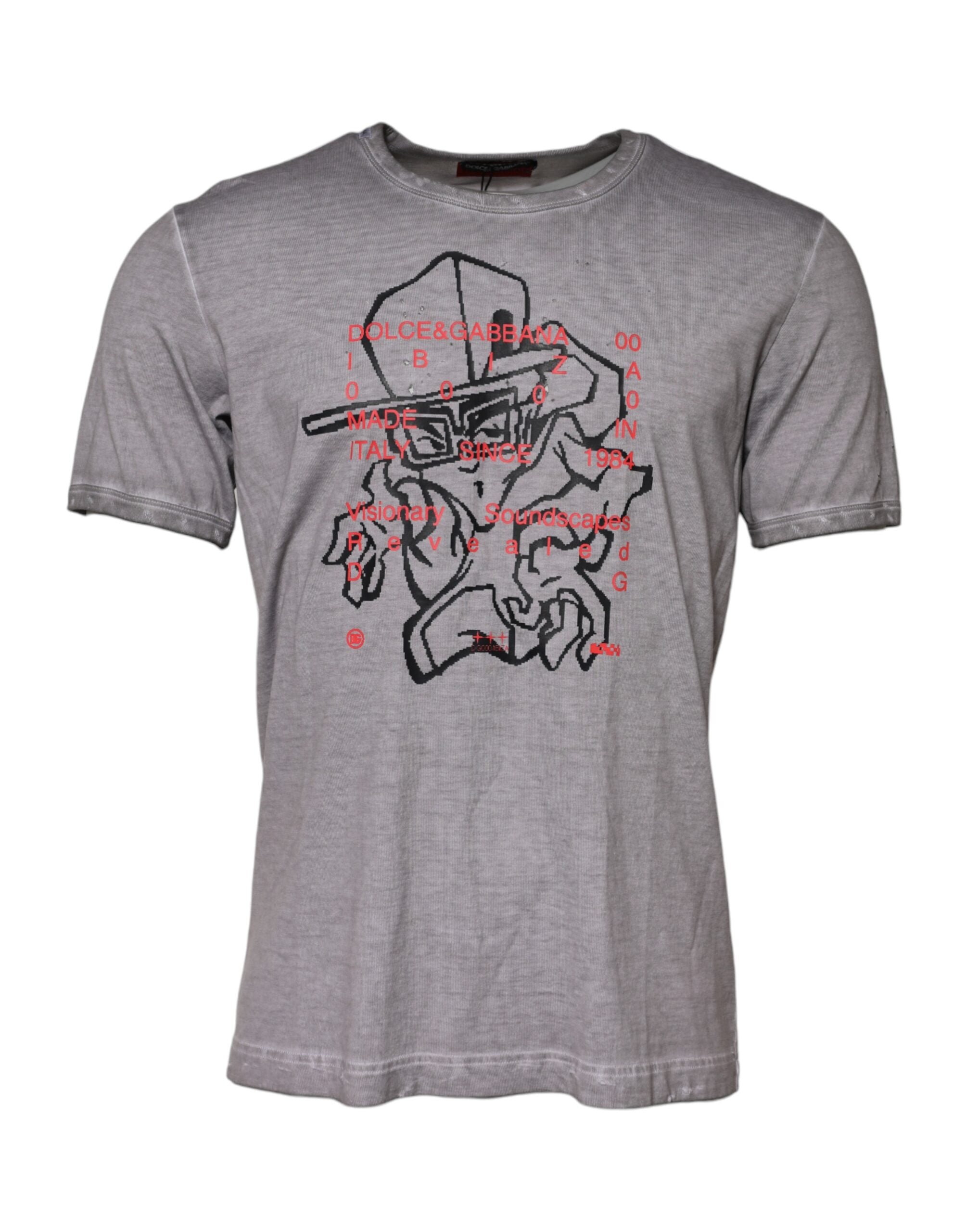Dolce & Gabbana Graues T-Shirt mit Rundhalsausschnitt aus Baumwolle mit Grafikdruck