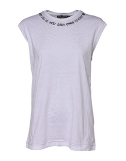 Dolce & Gabbana Weißes ärmelloses bedrucktes Tank-T-Shirt aus Baumwolle