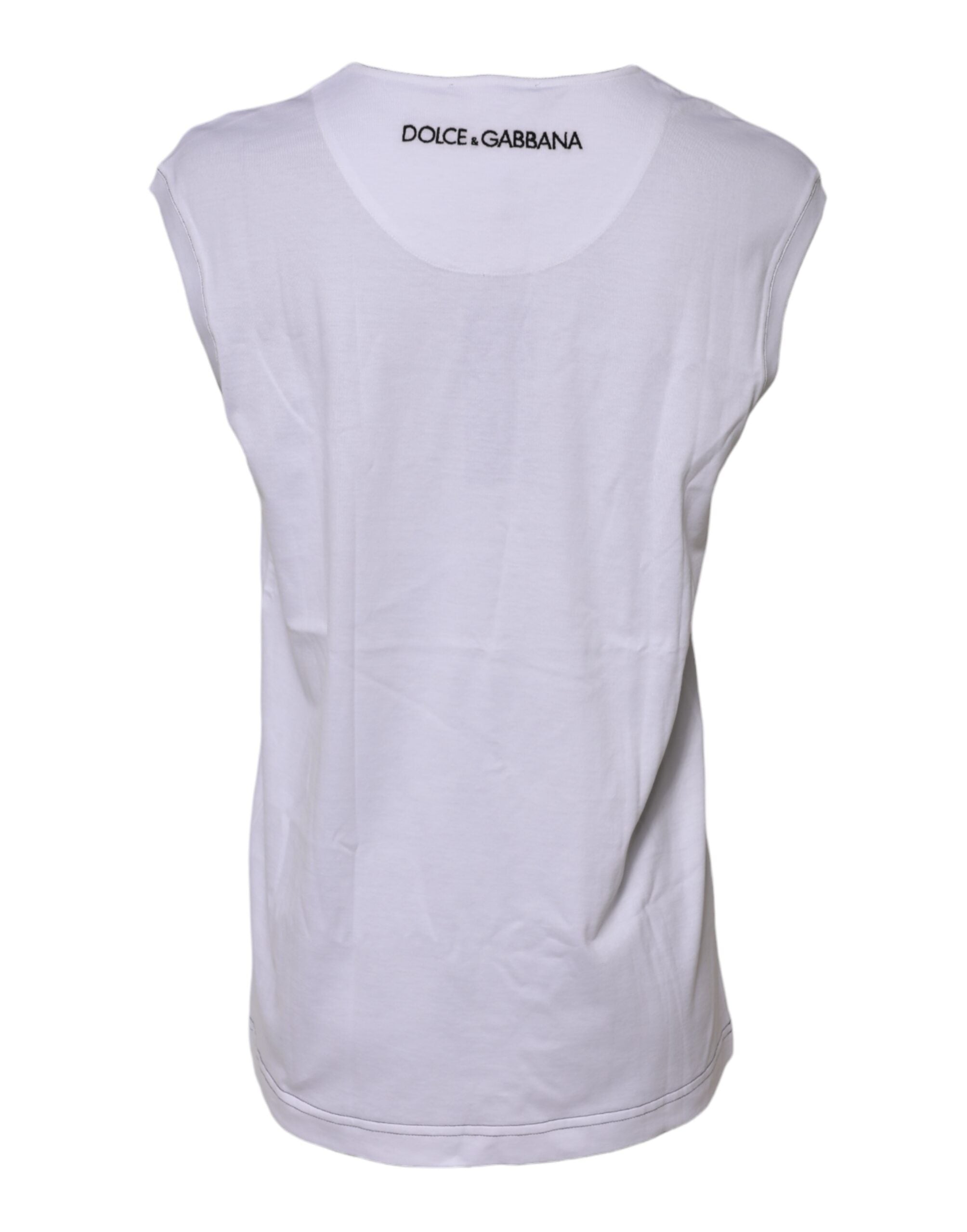 Dolce & Gabbana Weißes ärmelloses bedrucktes Tank-T-Shirt aus Baumwolle
