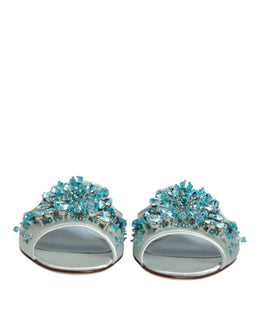 Dolce & Gabbana Silber blaue Leder Perlen verschönern Slide Schuhe