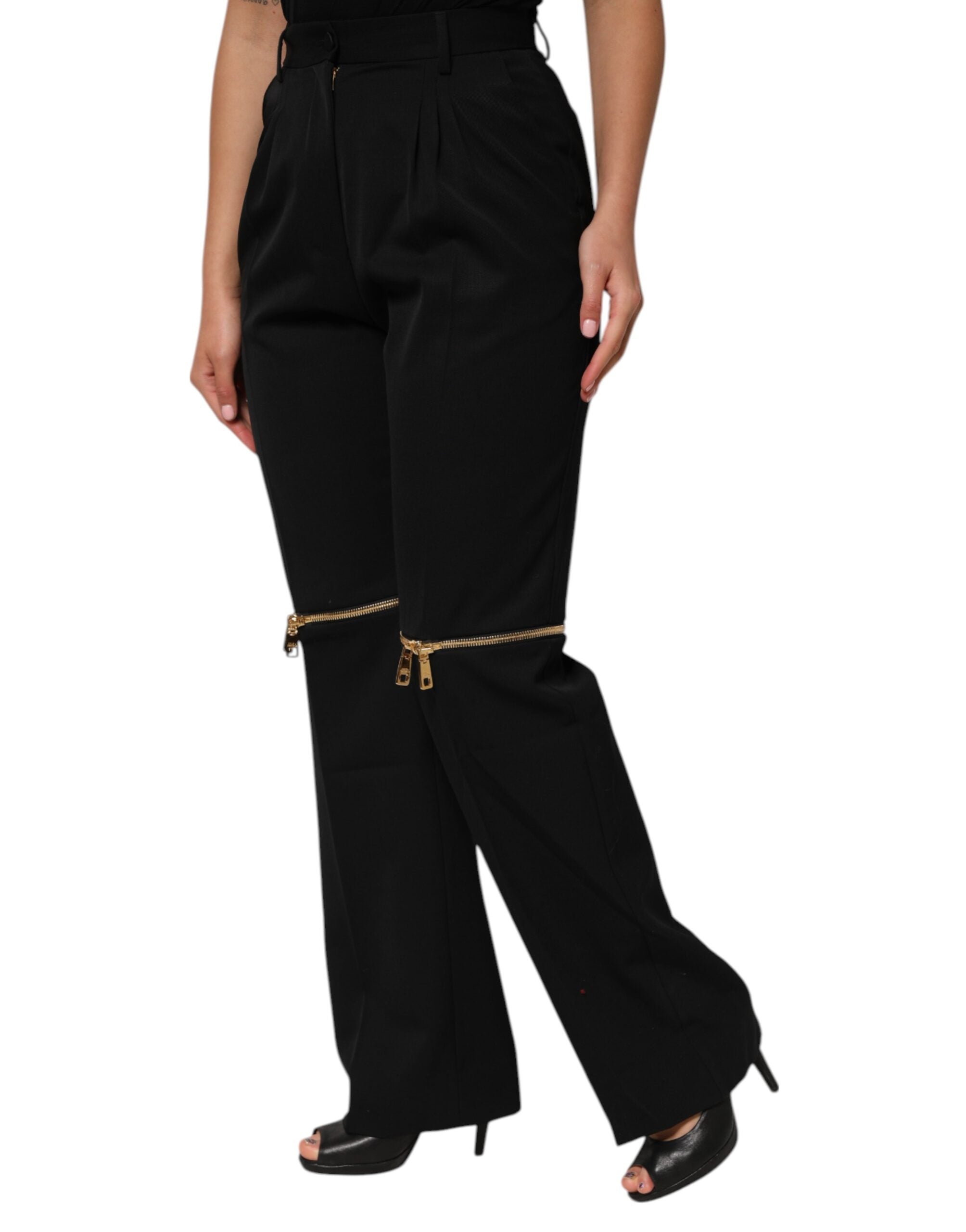 Dolce & Gabbana Schwarze Straight Leg Hose aus Wolle mit Reißverschluss