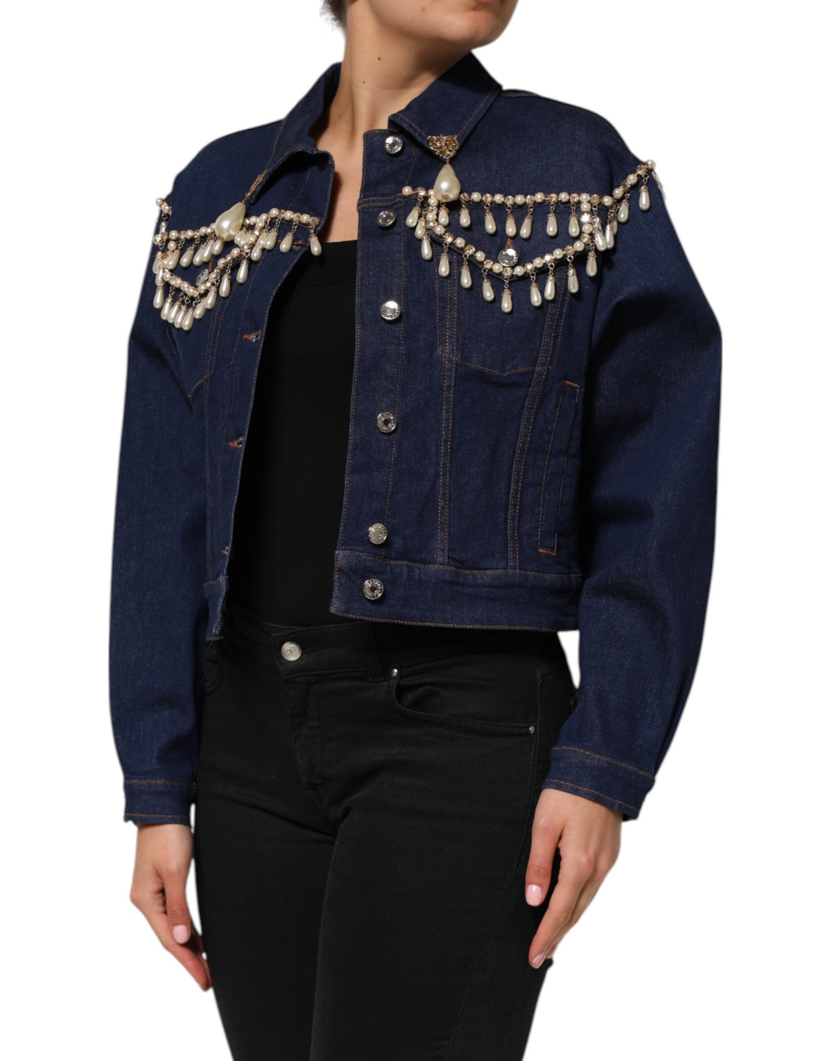 Dolce & Gabbana Blaue Baumwoll-Denim-Jacke mit Kristallverzierung