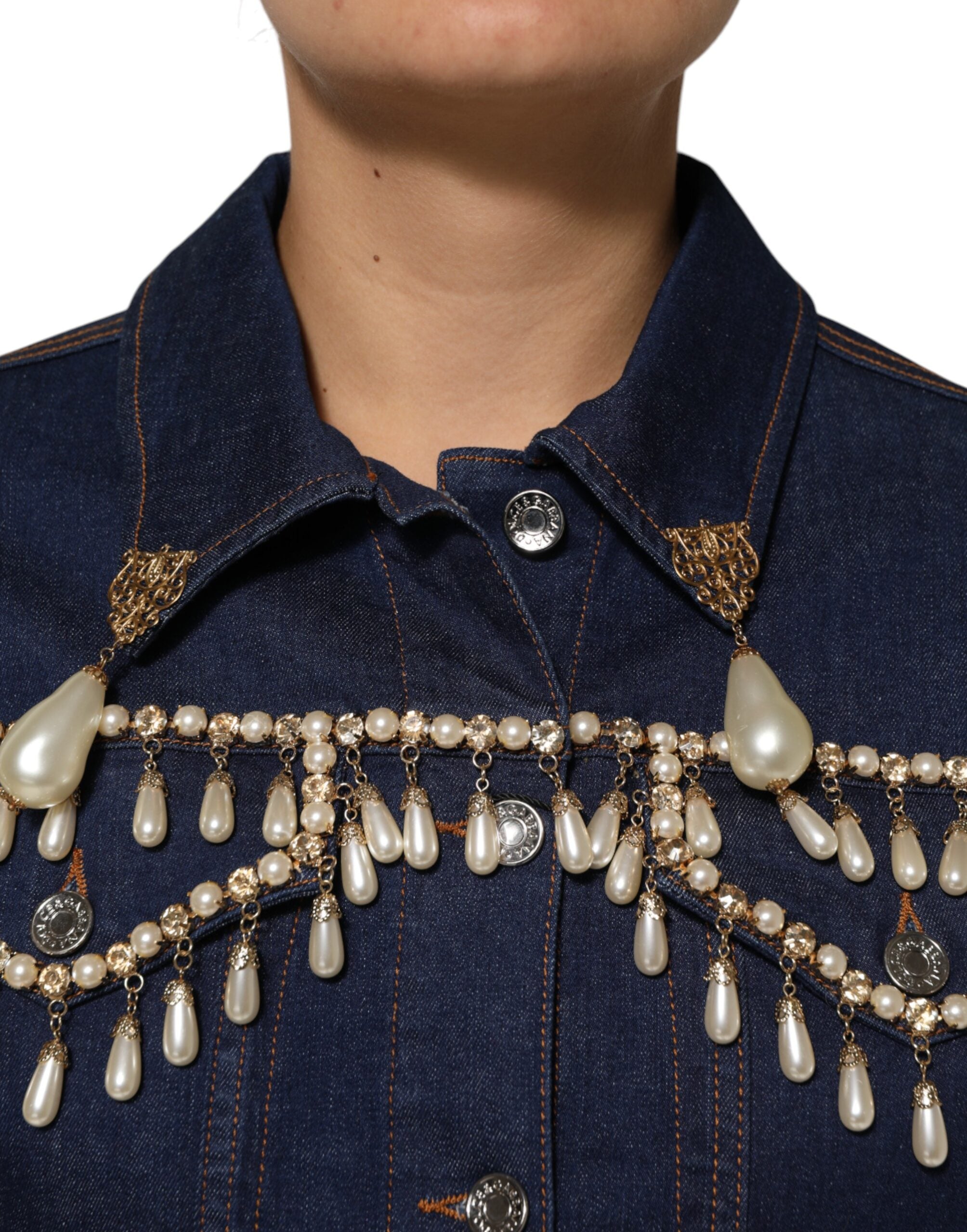 Dolce & Gabbana Blaue Baumwoll-Denim-Jacke mit Kristallverzierung