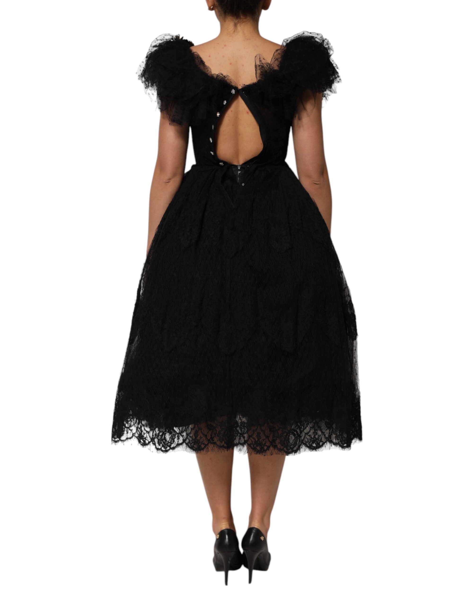 Dolce & Gabbana Schwarzes kristallverziertes Midi Kleid in A-Linie