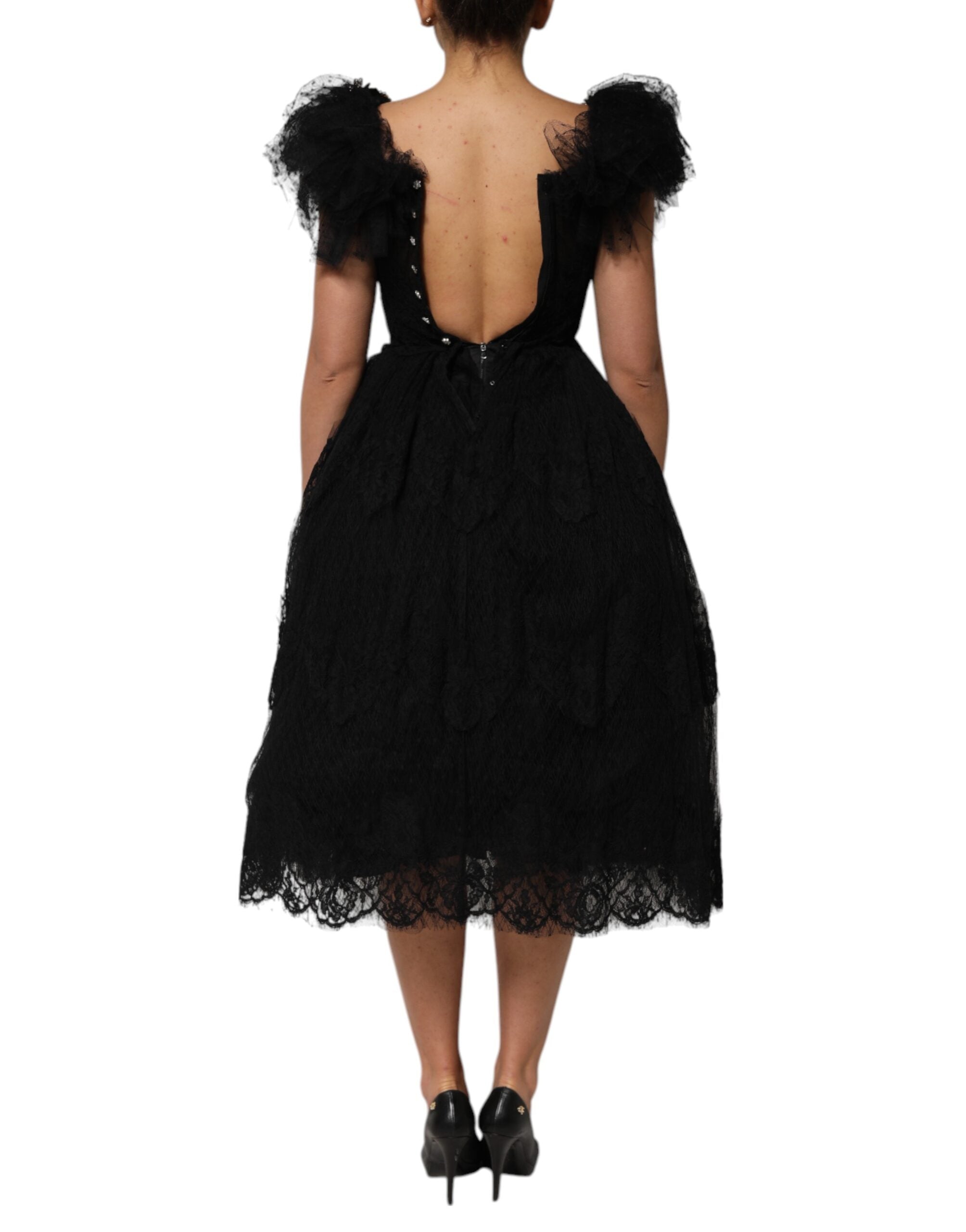 Dolce & Gabbana Schwarzes kristallverziertes Midi Kleid in A-Linie