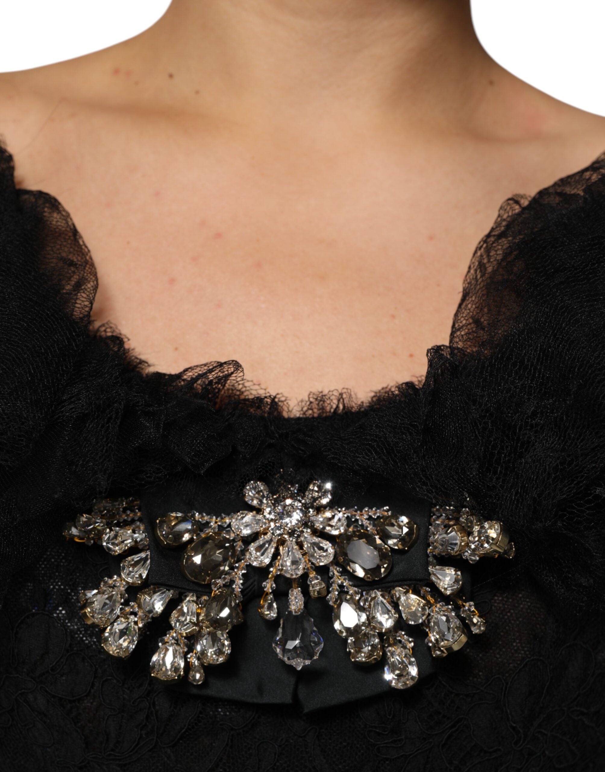 Dolce & Gabbana Schwarzes kristallverziertes Midi Kleid in A-Linie