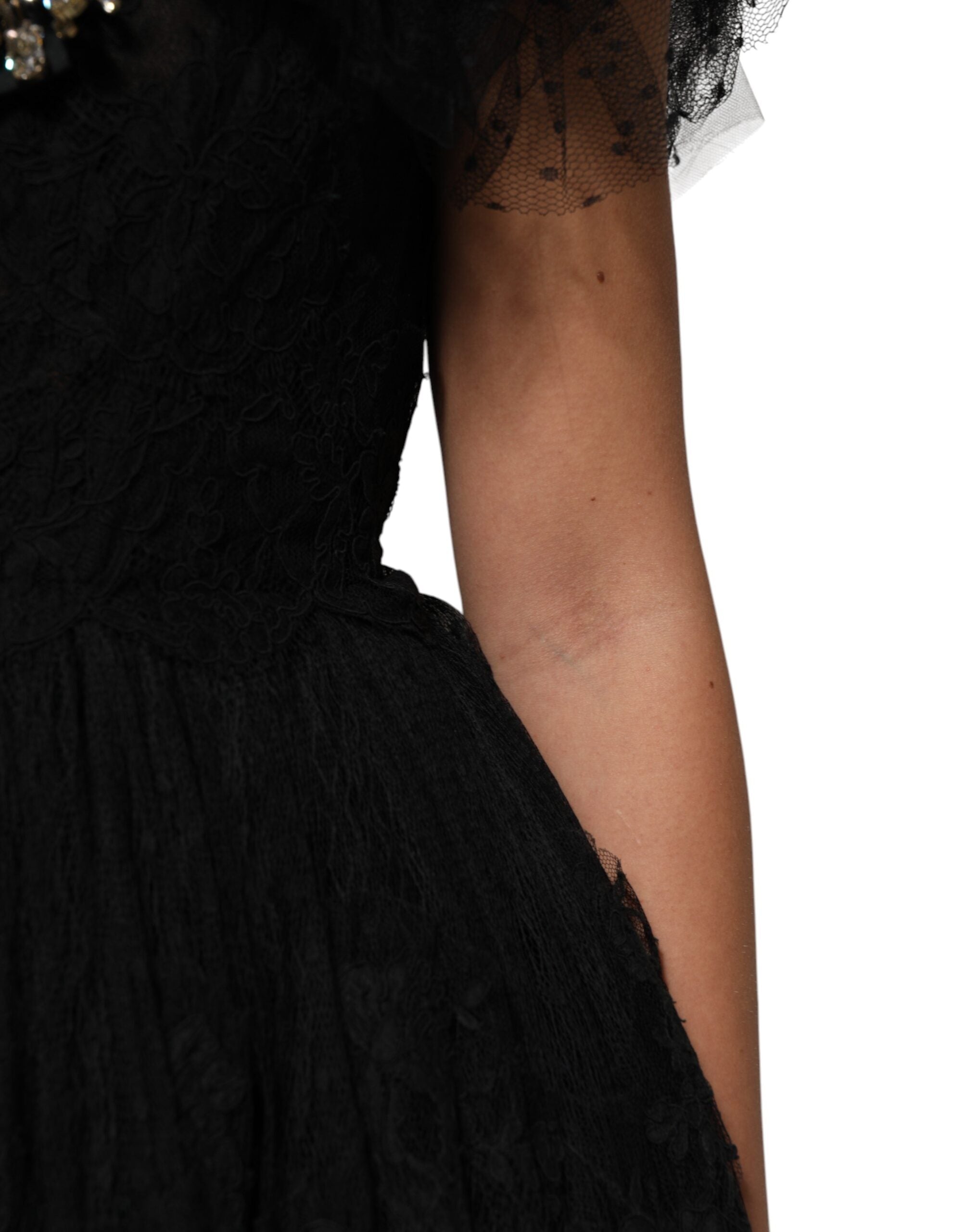 Dolce & Gabbana Schwarzes kristallverziertes Midi Kleid in A-Linie