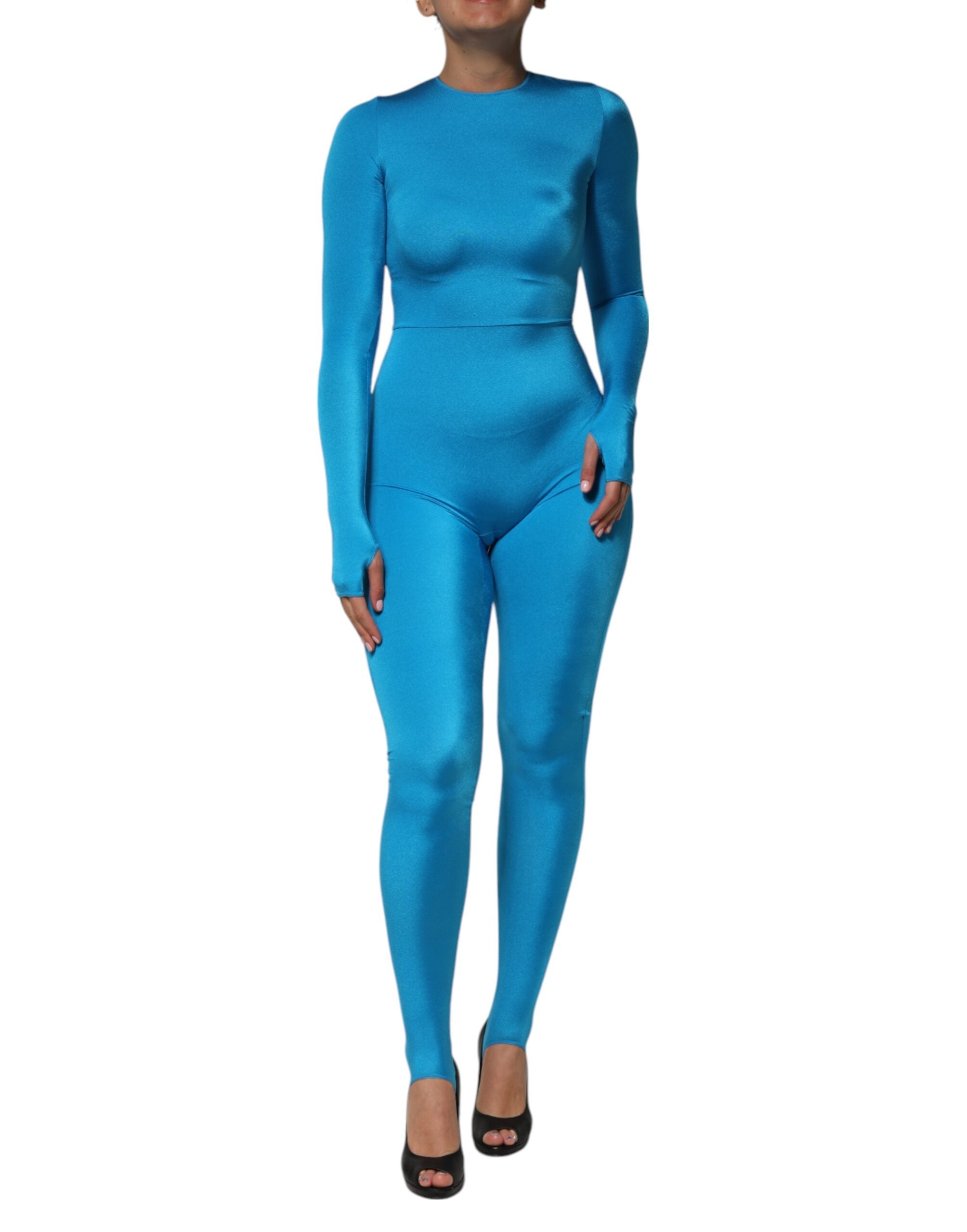 Dolce & Gabbana Blauer Nylon Rundhalsausschnitt Bodycon Jumpsuit Kleid