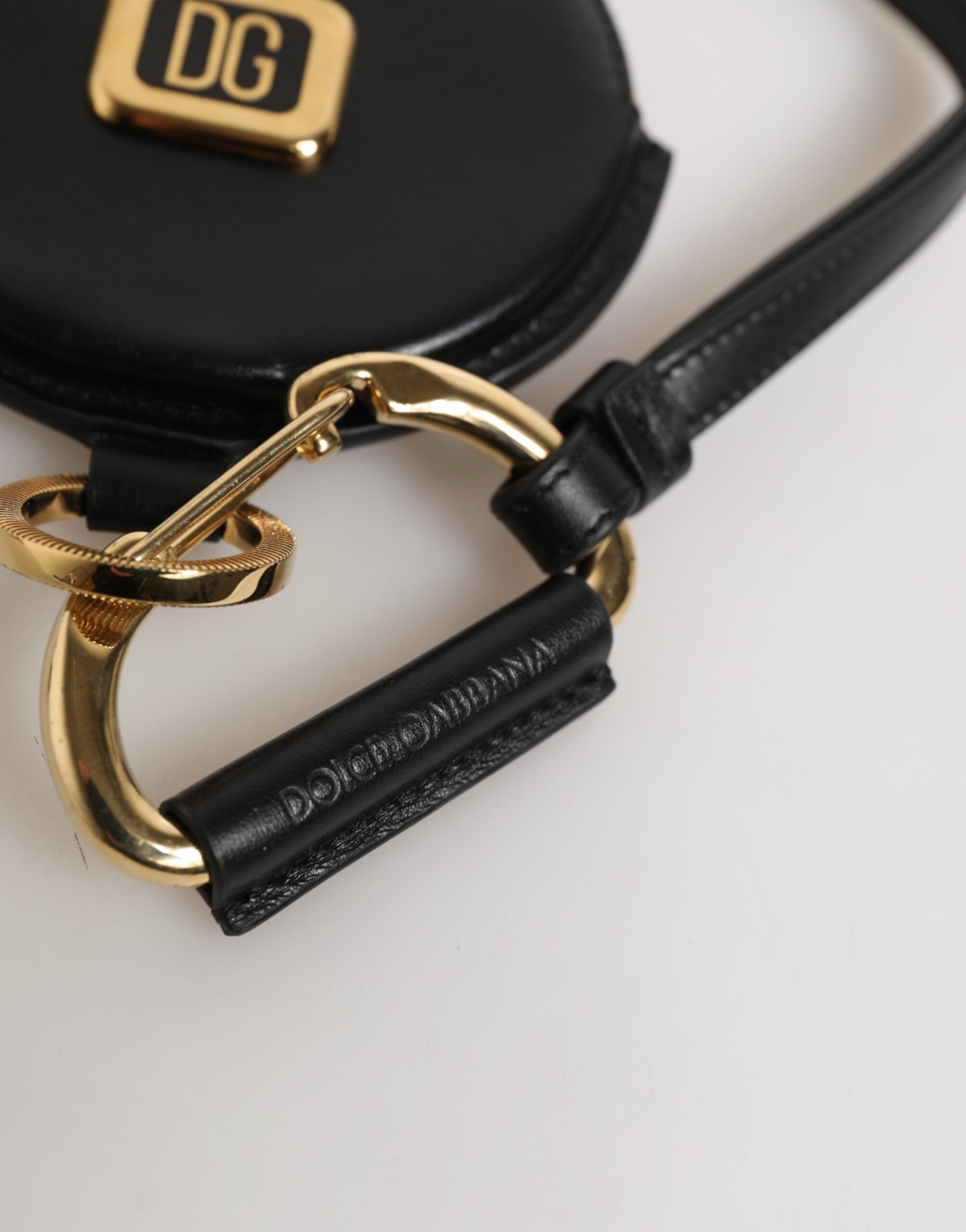 Dolce & Gabbana Schwarzes rundes Leder DG Logo Münzgeldbörse Lanyard Wallet