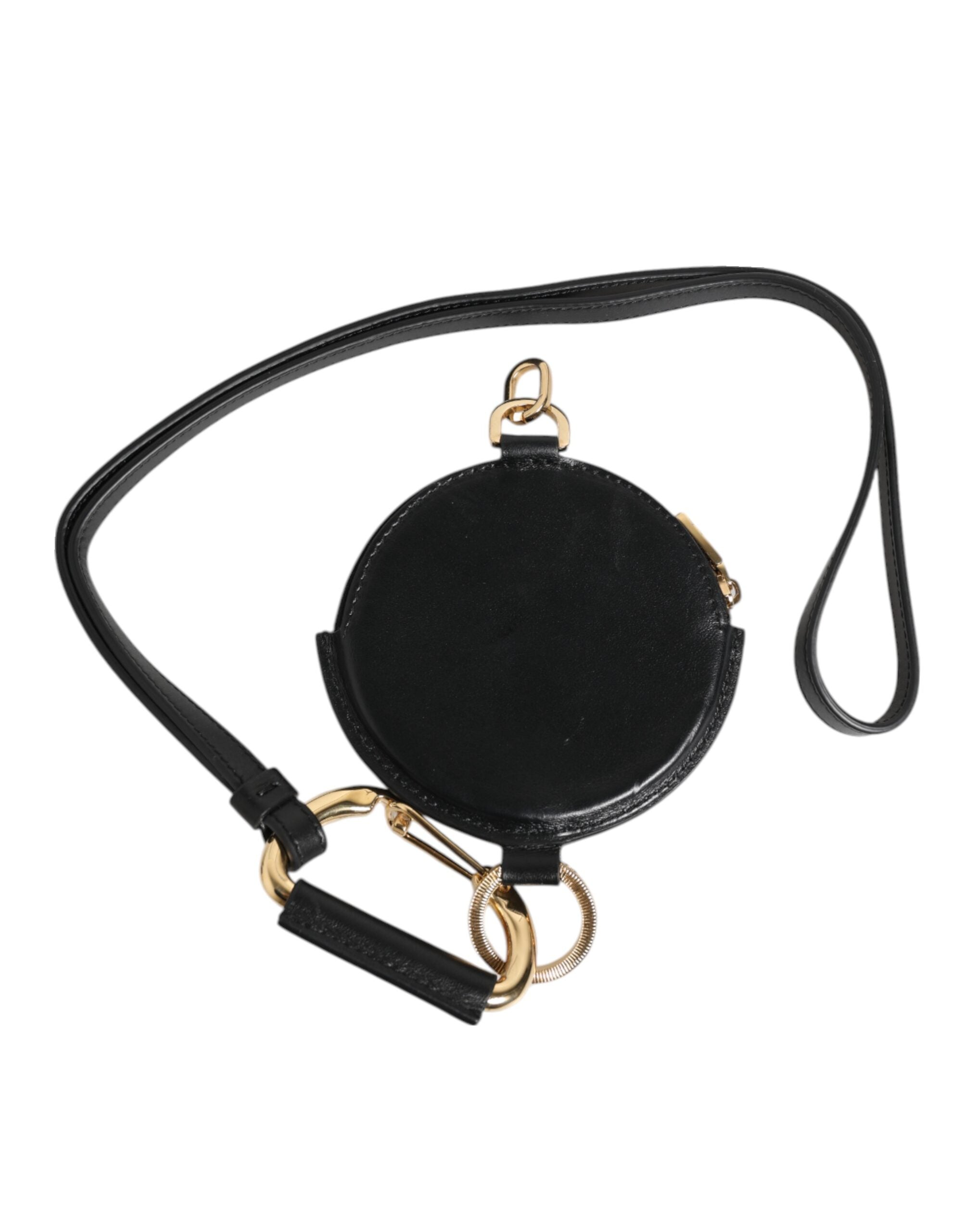 Dolce & Gabbana Schwarzes rundes Leder DG Logo Münzgeldbörse Lanyard Wallet