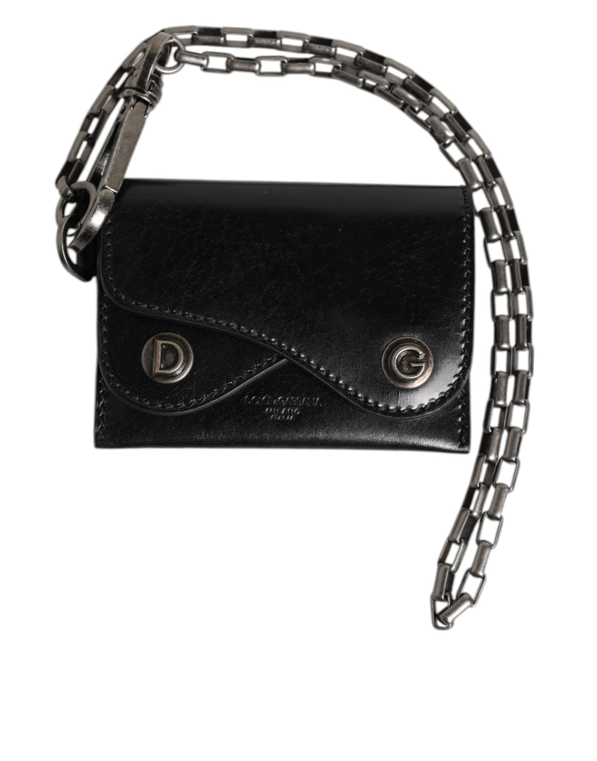 Dolce & Gabbana Schwarzes Cavallo Leder Portemonnaie Kette Snap Bifold Card Holder