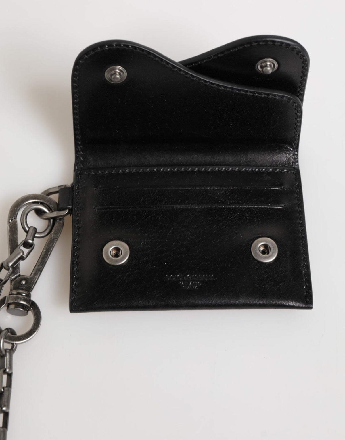 Dolce & Gabbana Schwarzes Cavallo Leder Portemonnaie Kette Snap Bifold Card Holder