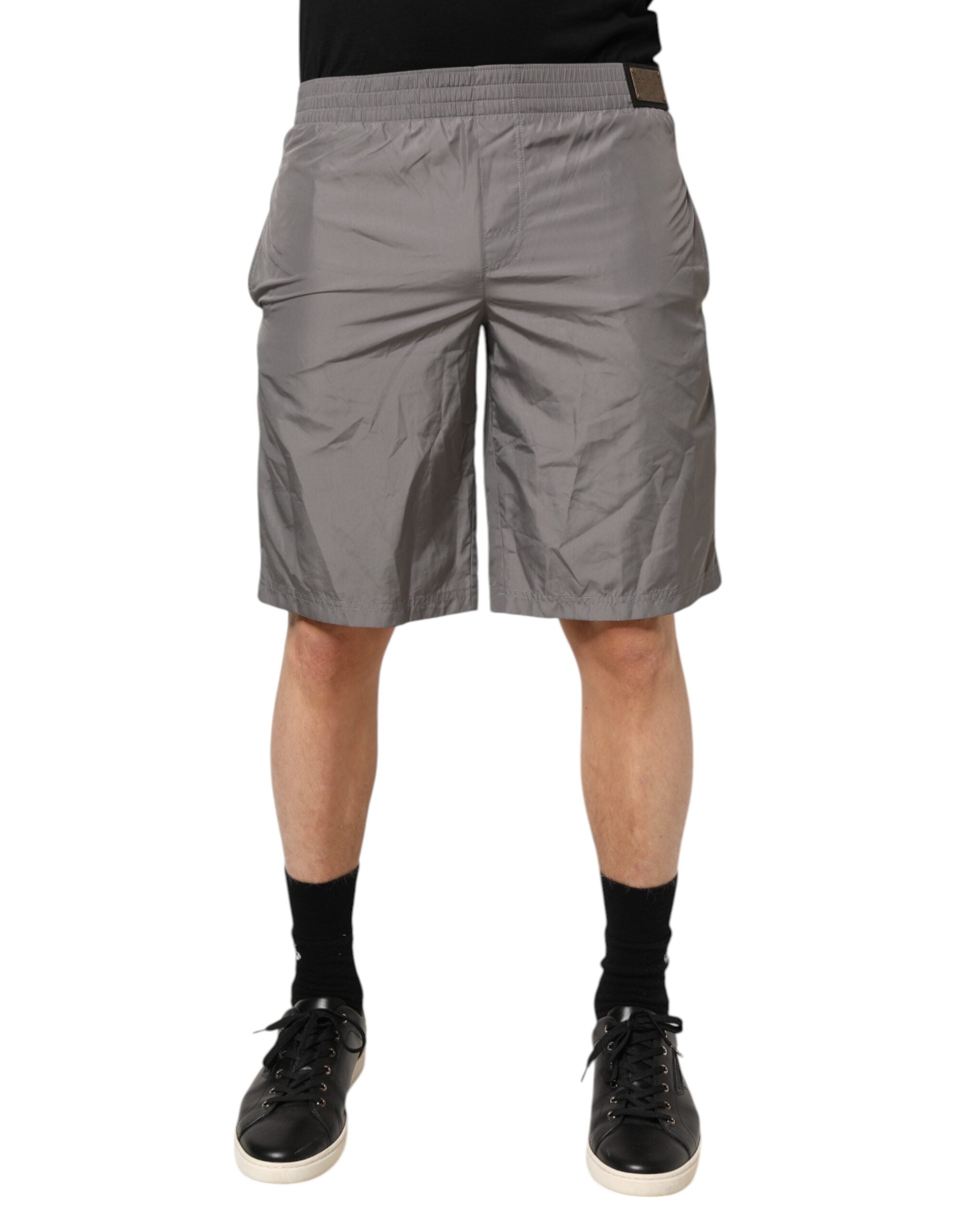 Dolce & Gabbana Hellgraue Nylon-Badeshorts mit elastischer Taille Bademode