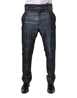 Dolce & Gabbana Blau Silber Glänzende Seide Skinny Männer Hosen Hosen
