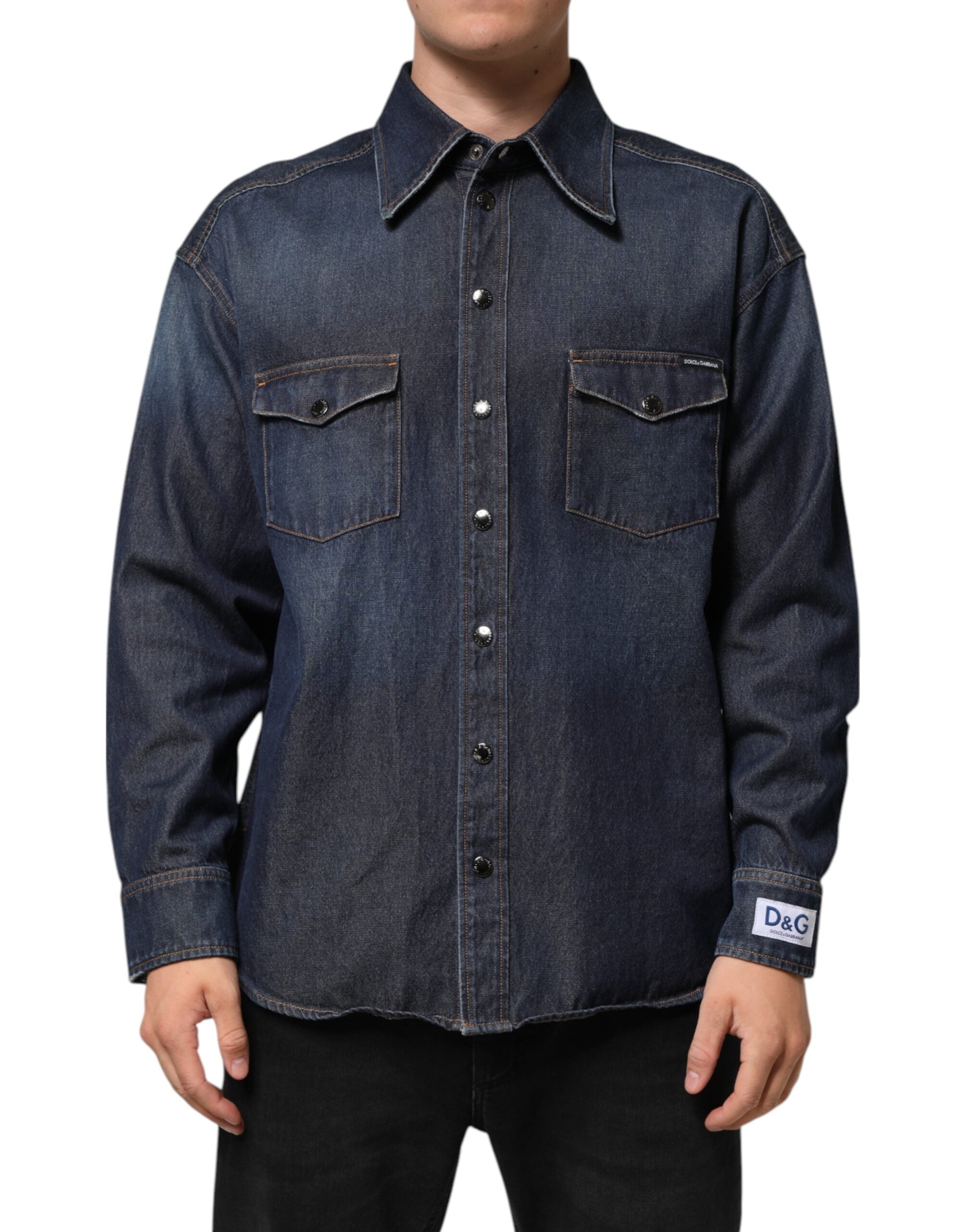 Dolce & Gabbana Blaues Denim Knopf lässig Logo Patch Männer Hemd