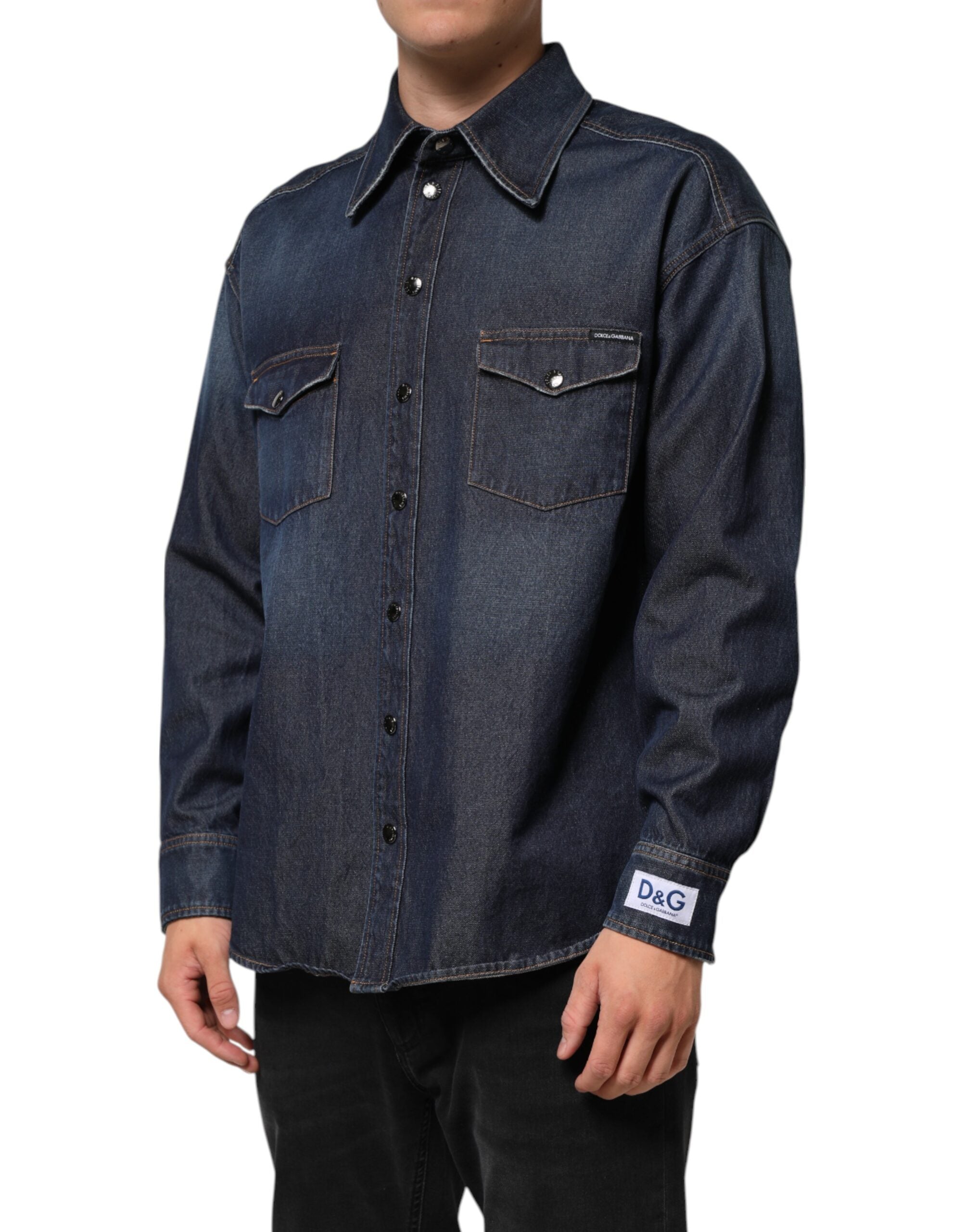 Dolce & Gabbana Blaues Denim Knopf lässig Logo Patch Männer Hemd