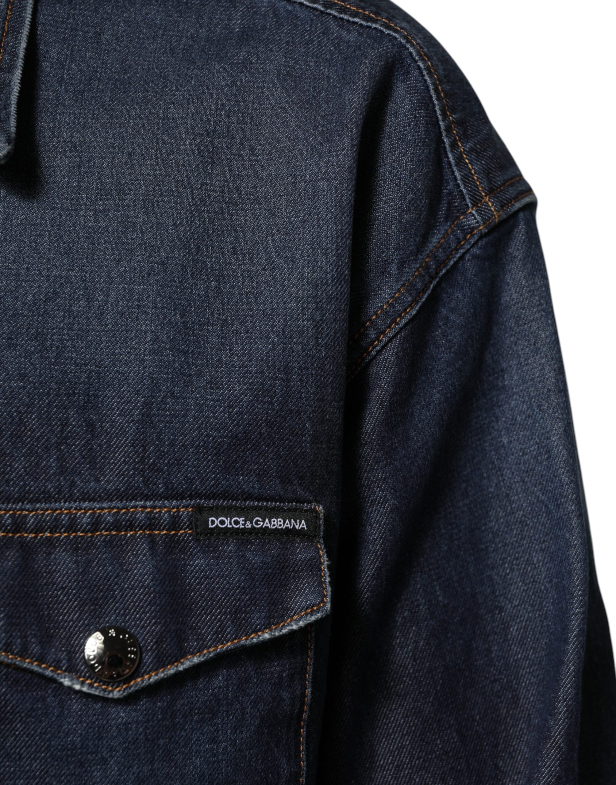 Dolce & Gabbana Blaues Denim Knopf lässig Logo Patch Männer Hemd
