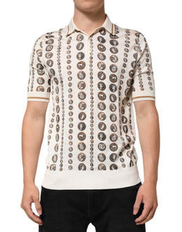 Dolce & Gabbana Elfenbeinfarbenes Seiden-Polo-T-Shirt mit Münzdruck für Männer