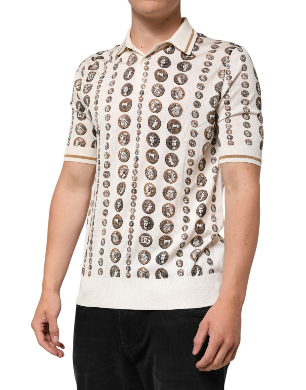 Dolce & Gabbana Elfenbeinfarbenes Seiden-Polo-T-Shirt mit Münzdruck für Männer
