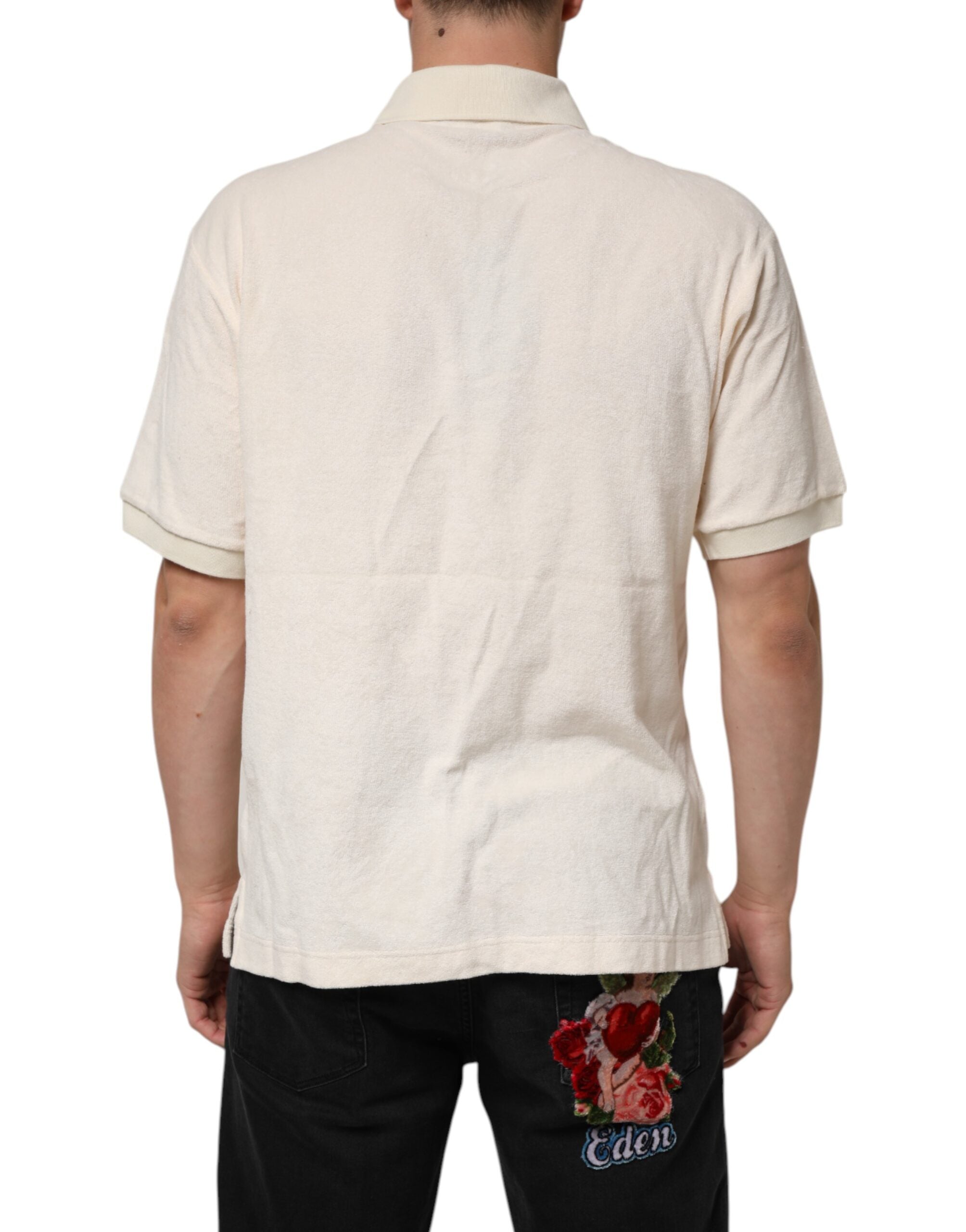 Dolce & Gabbana Elfenbeinfarbenes Logo-Polo-T-Shirt aus Baumwollfrottee