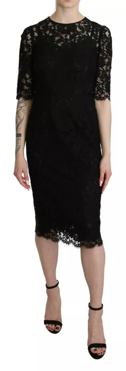 Dolce & Gabbana Schwarzes geblümtes Spitzenmantelkleid in Knielänge