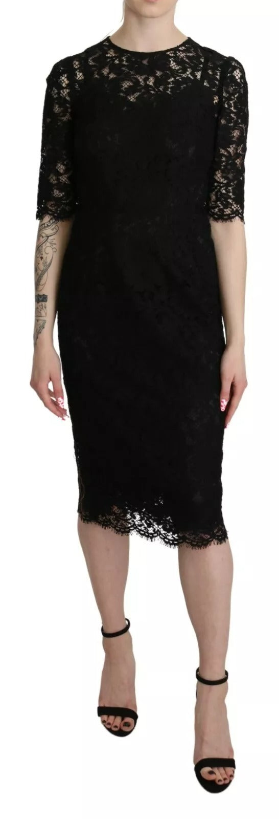 Dolce & Gabbana Schwarzes geblümtes Spitzenmantelkleid in Knielänge