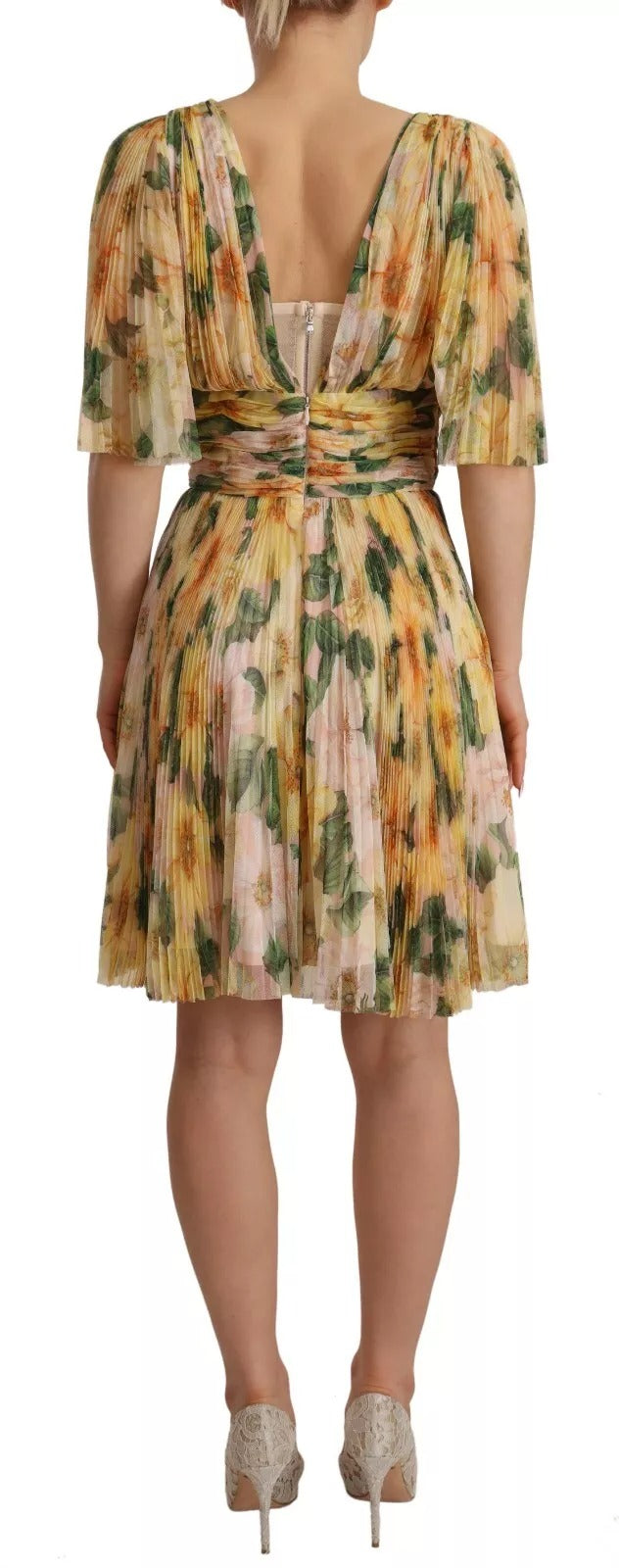 Dolce & Gabbana Gelbes Maxikleid mit Blumendruck und Plissee