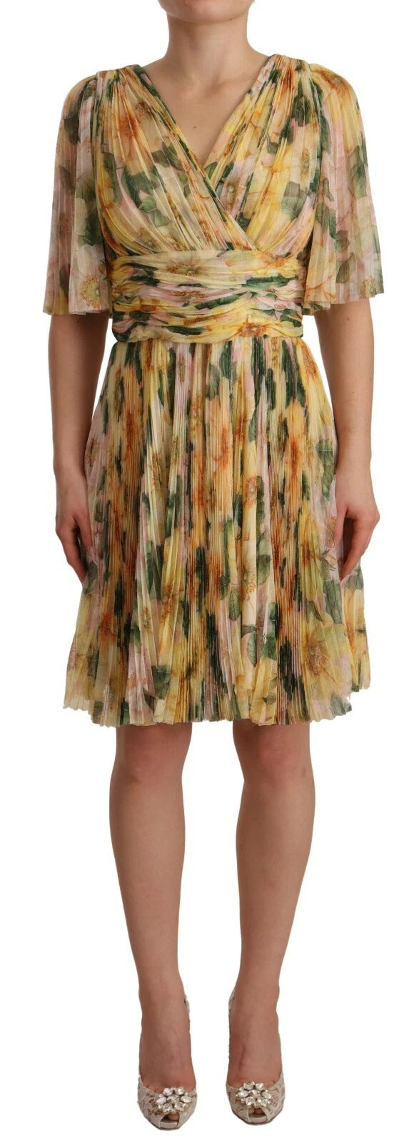 Dolce & Gabbana Gelbes Maxikleid mit Blumendruck und Plissee