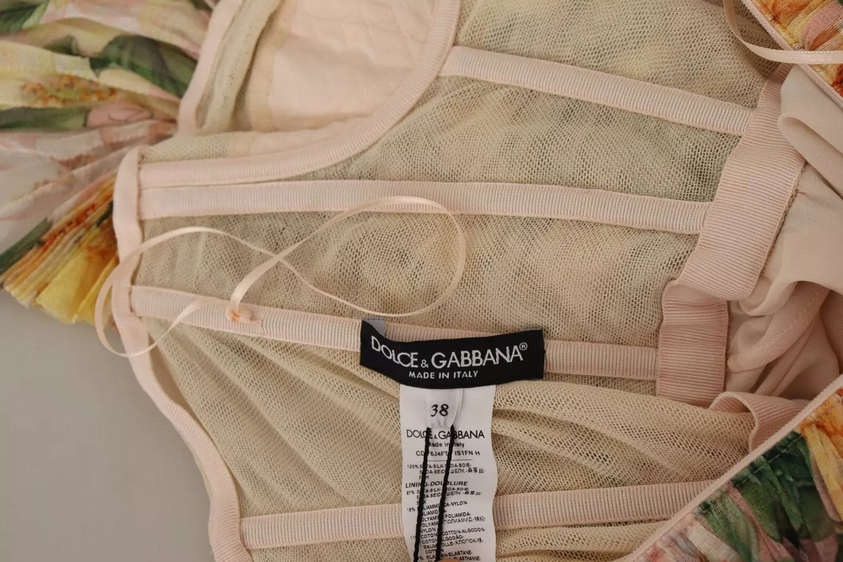 Dolce & Gabbana Gelbes Maxikleid mit Blumendruck und Plissee