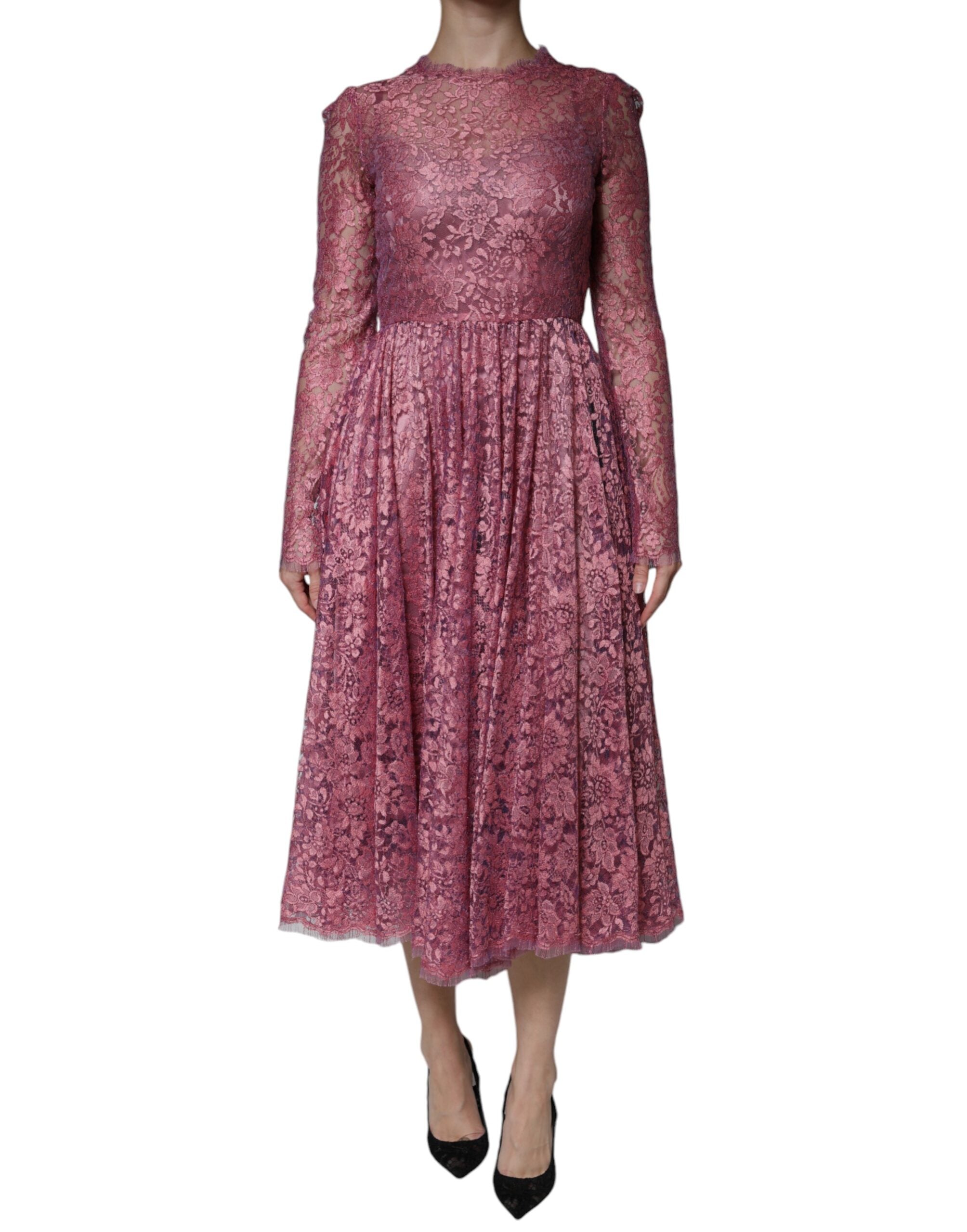 Dolce & Gabbana Rosa geblümtes langärmeliges Midikleid aus Spitze