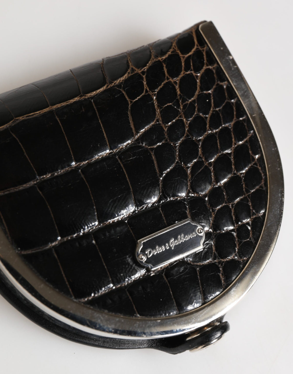 Dolce & Gabbana Schwarzes poliertes Krokodilleder Portemonnaie mit Herrenmünzen