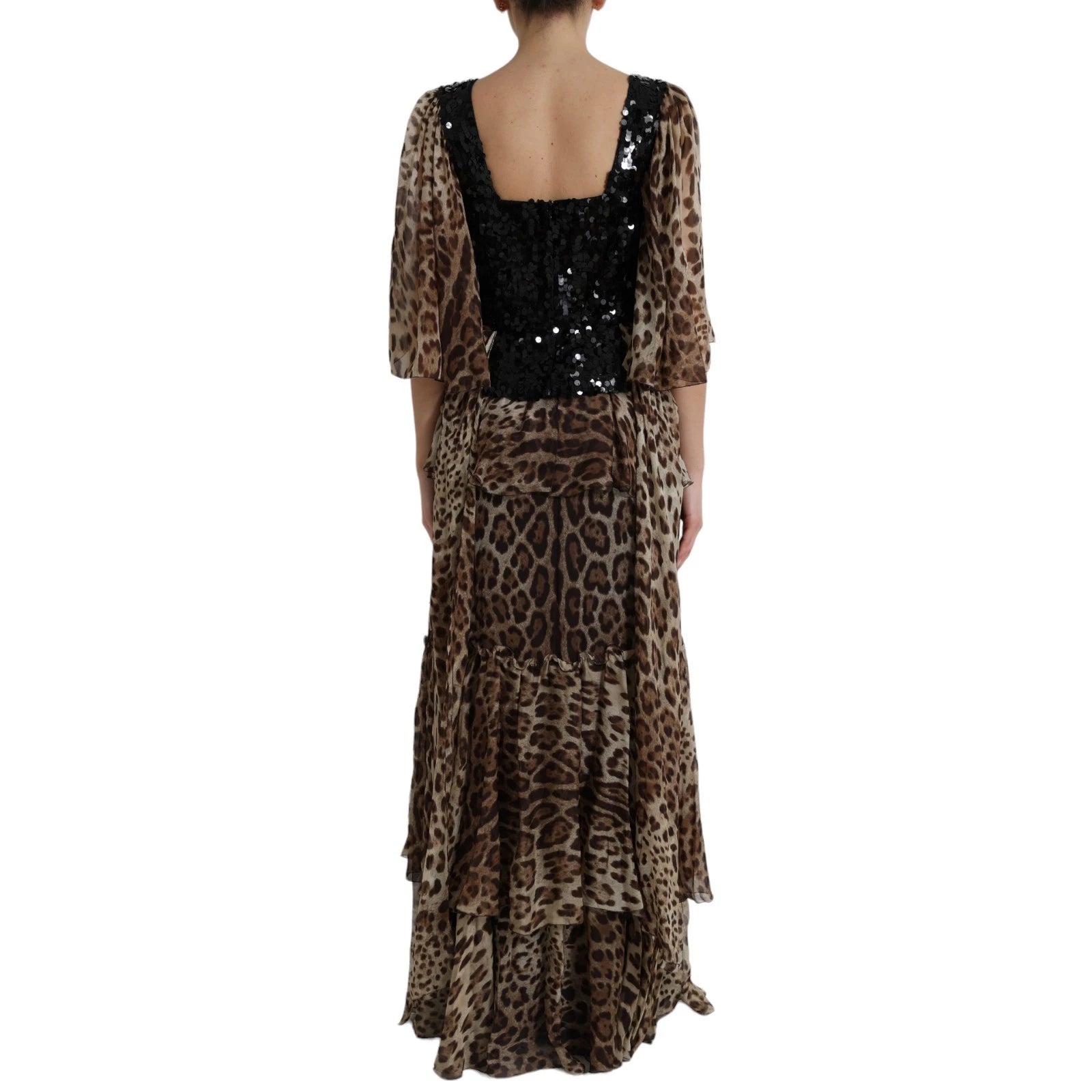 Dolce & Gabbana Leopardenmuster Seidenpailletten-Rüschen-Maxikleid