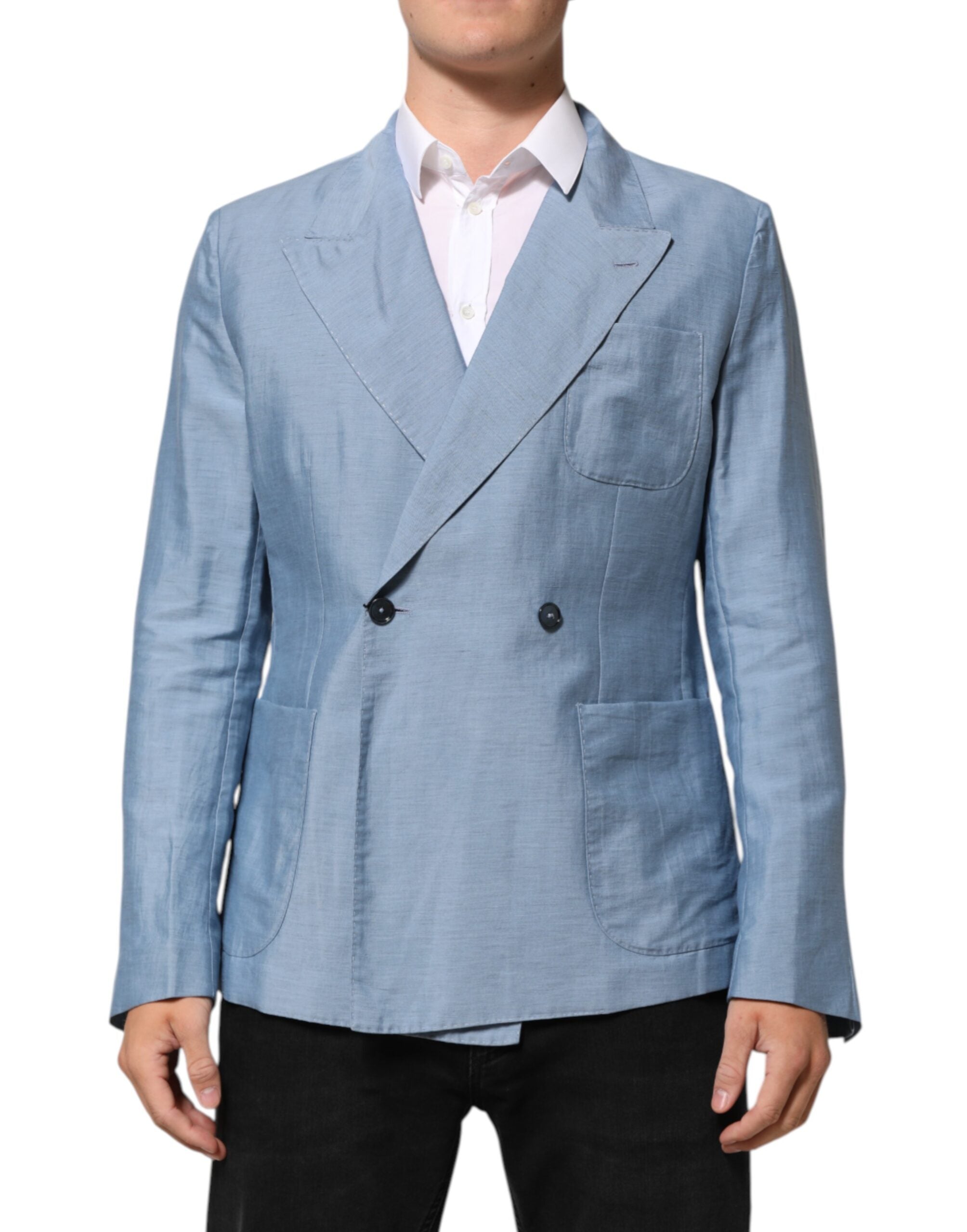 Dolce & Gabbana Hellblaue Leinen Doppelreiher Herrenjacke Blazer