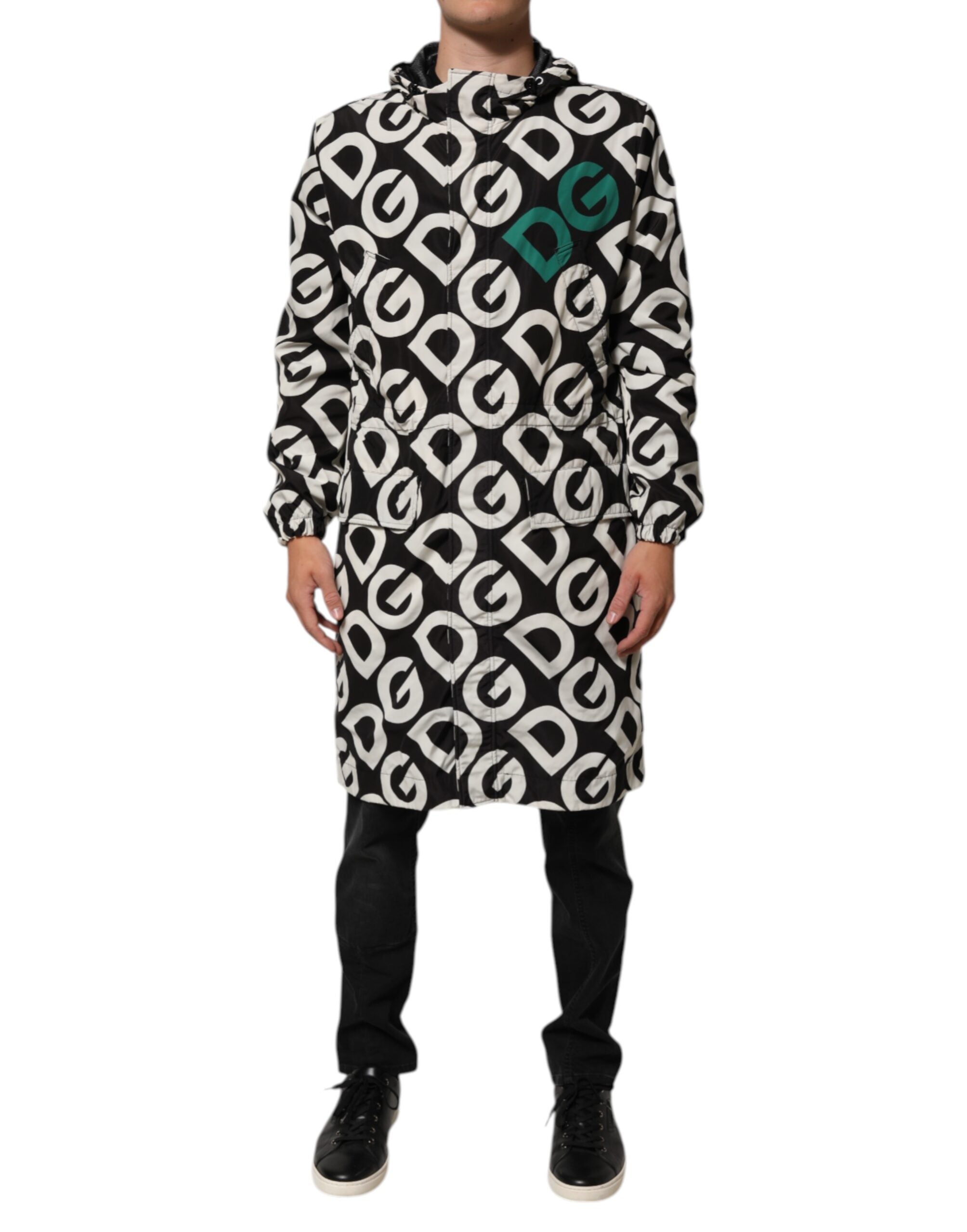 Dolce & Gabbana Schwarzer Weißer Logo Print Mantel mit Kapuze Männer Jacke