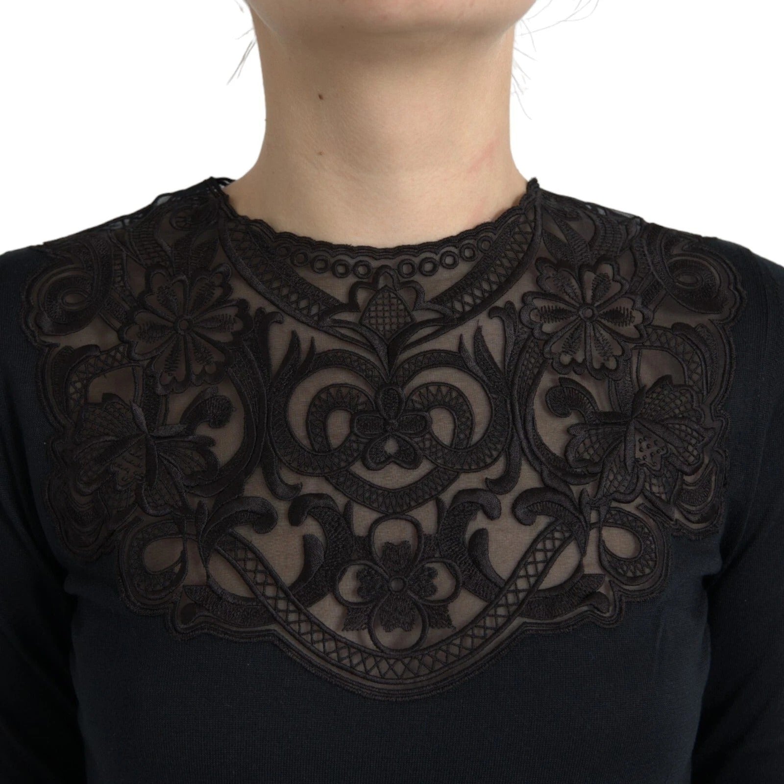 Dolce & Gabbana Schwarzes Seidenblusentop mit Spitzenbesatz und langen Ärmeln