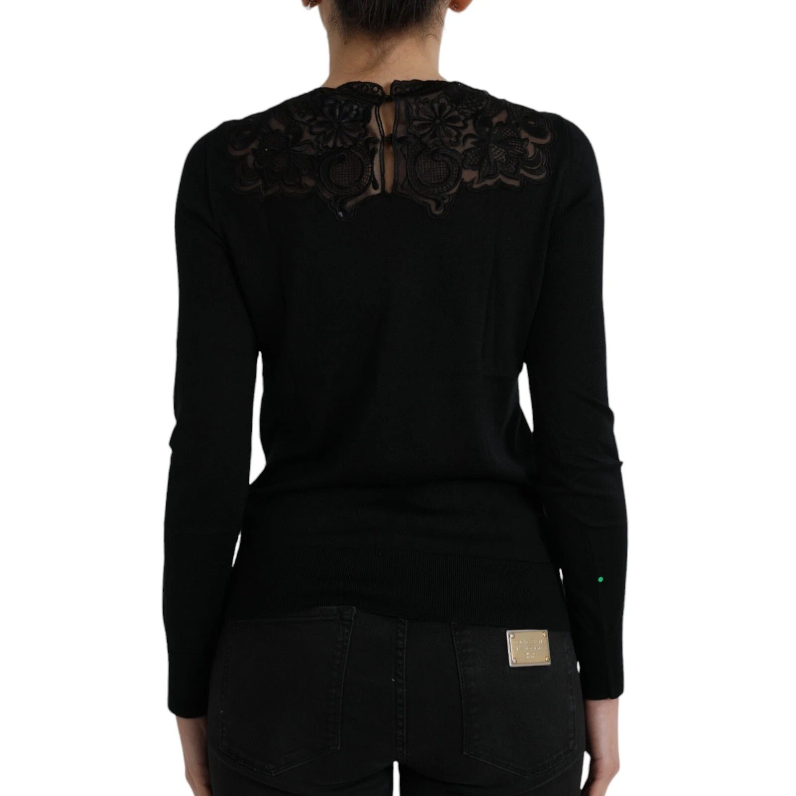 Dolce & Gabbana Schwarzes Seidenblusentop mit Spitzenbesatz und langen Ärmeln
