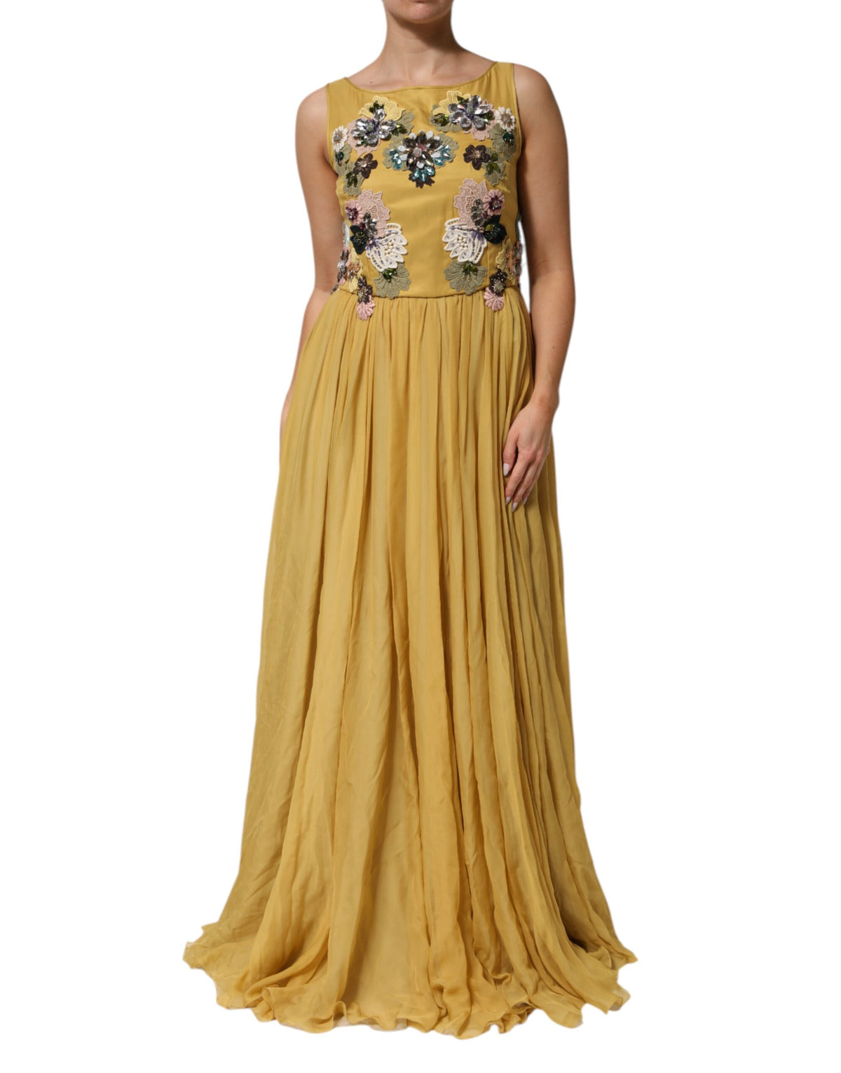 Dolce & Gabbana Gelbes Maxikleid mit Blumenstickerei aus Seide