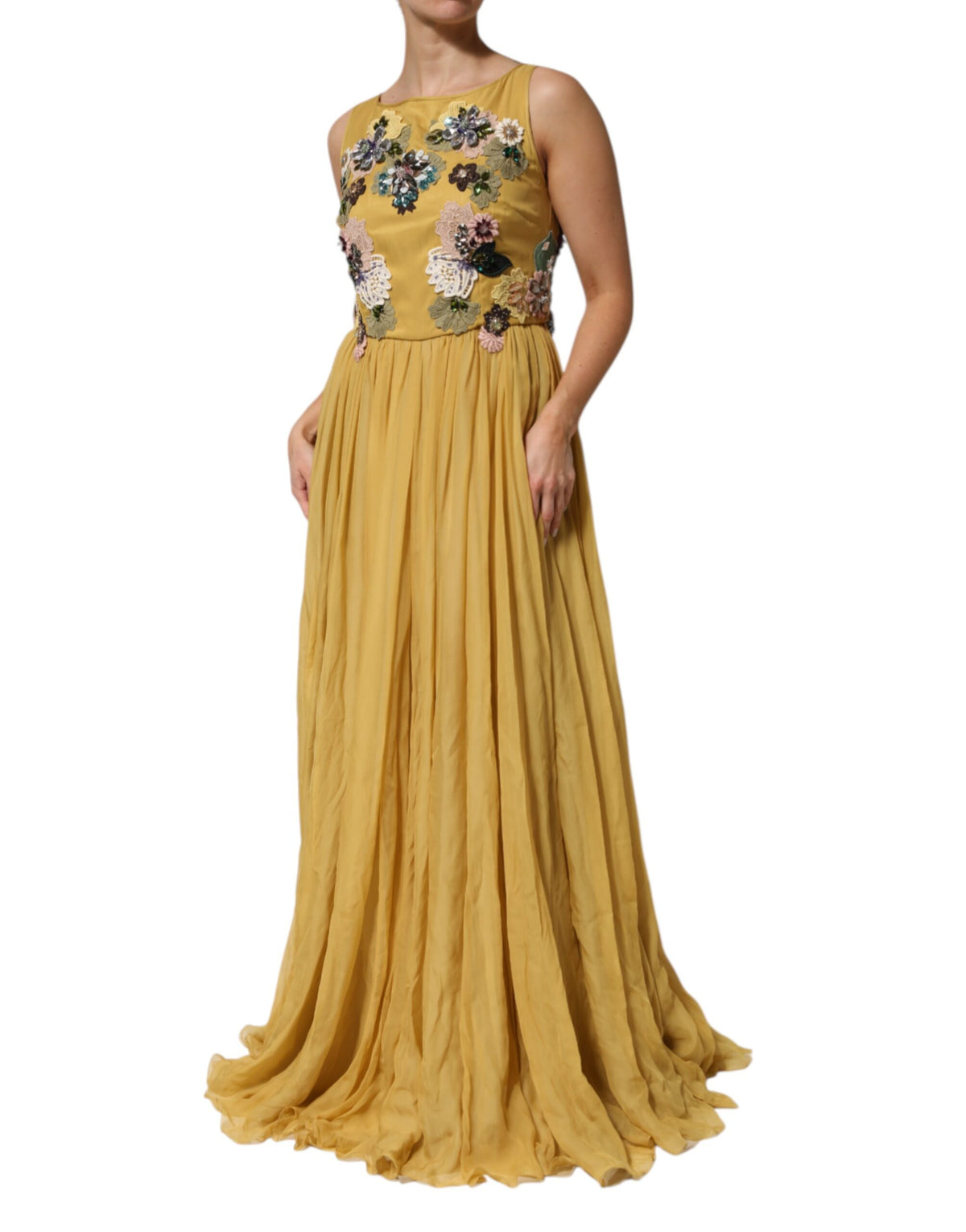 Dolce & Gabbana Gelbes Maxikleid mit Blumenstickerei aus Seide