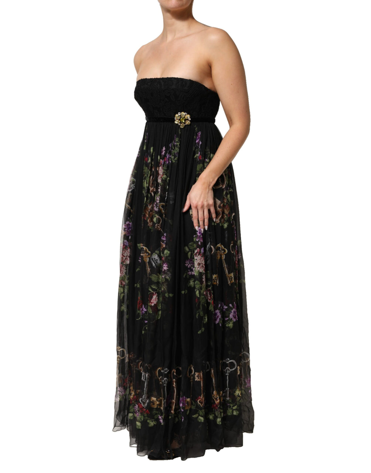 Dolce & Gabbana Schwarzes trägerloses Kleid mit Blumenmuster und Kristall