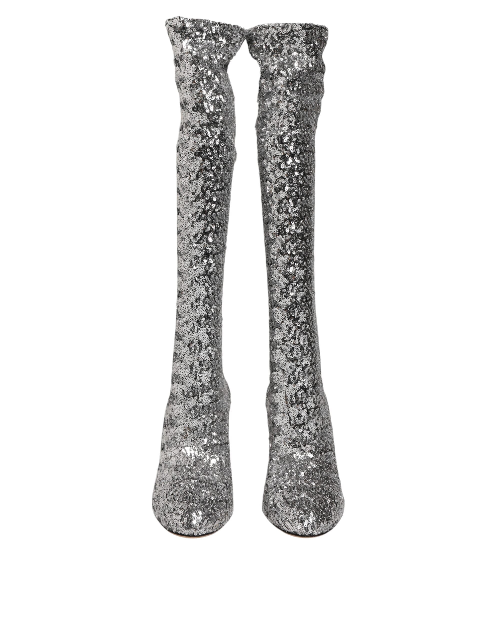 Dolce & Gabbana Schuhe Silber Pailletten Glitter High Heel Stiefel Schuhe