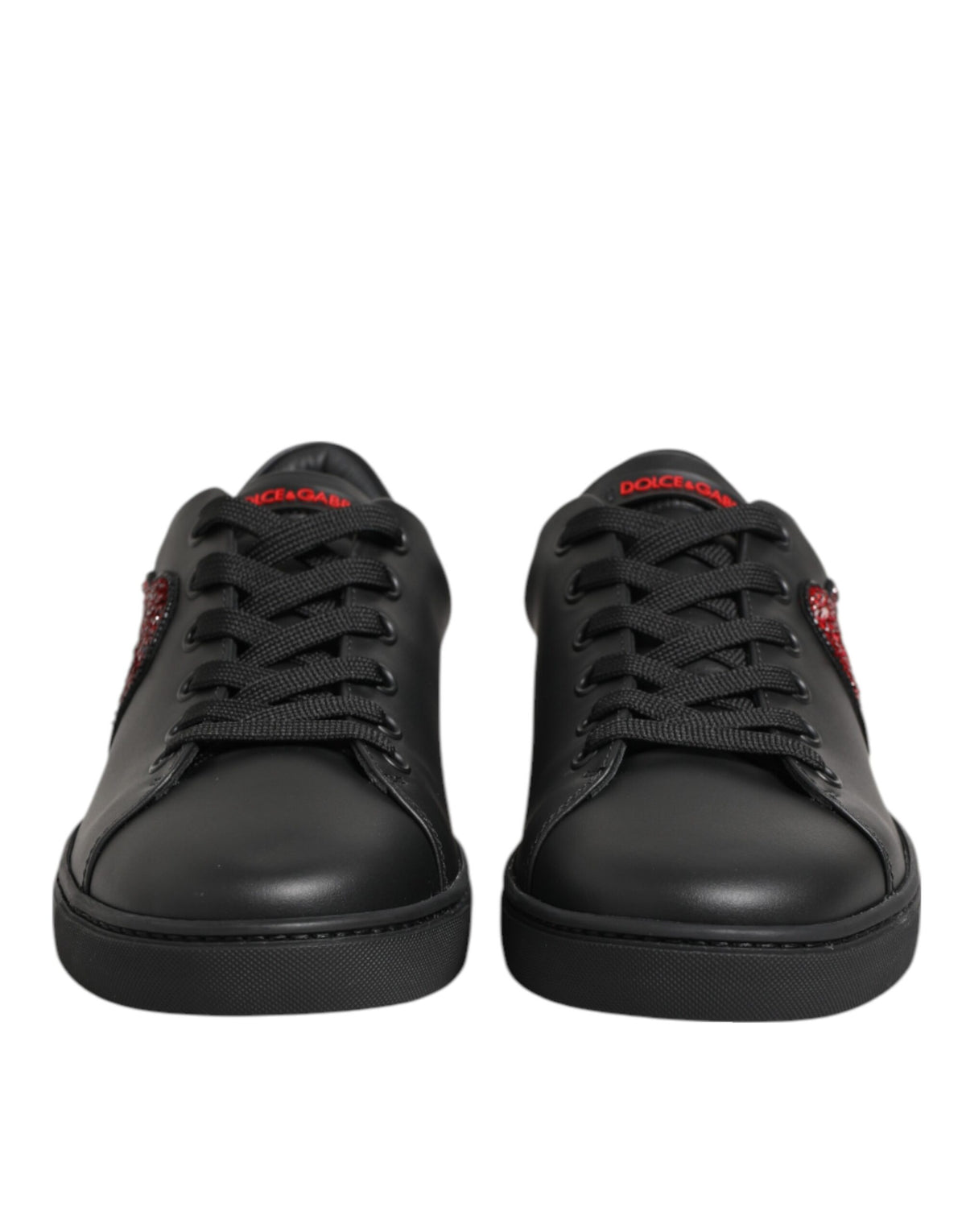 Dolce & Gabbana Schwarz Leder Crystal Heart Low Top Sneakers Schuhe