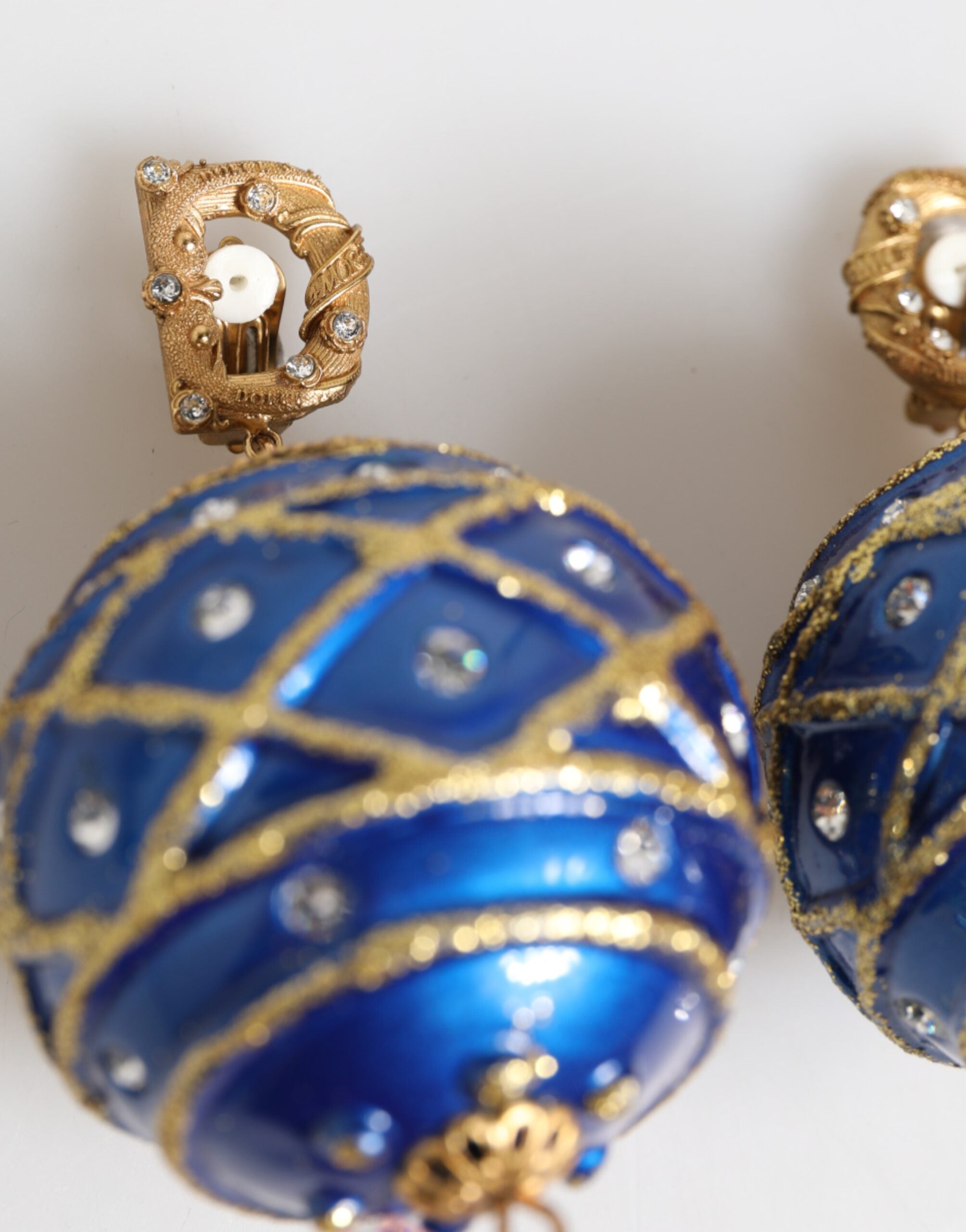 Dolce & Gabbana Gold Messing Blau Weihnachten Kugel Kristall Tropfen Clip auf Ohrringe