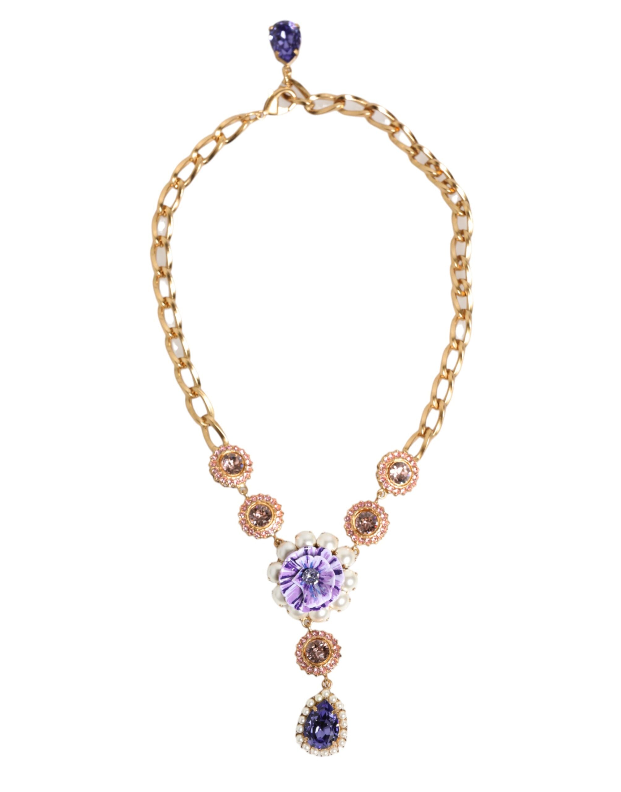 Dolce & Gabbana Gold Messing Kristall Perle Lila Floral Anhänger Schmuck Halskette
