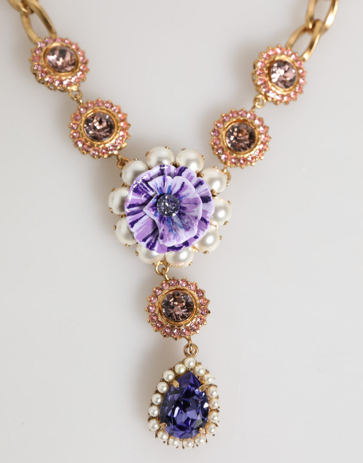 Dolce & Gabbana Gold Messing Kristall Perle Lila Floral Anhänger Schmuck Halskette