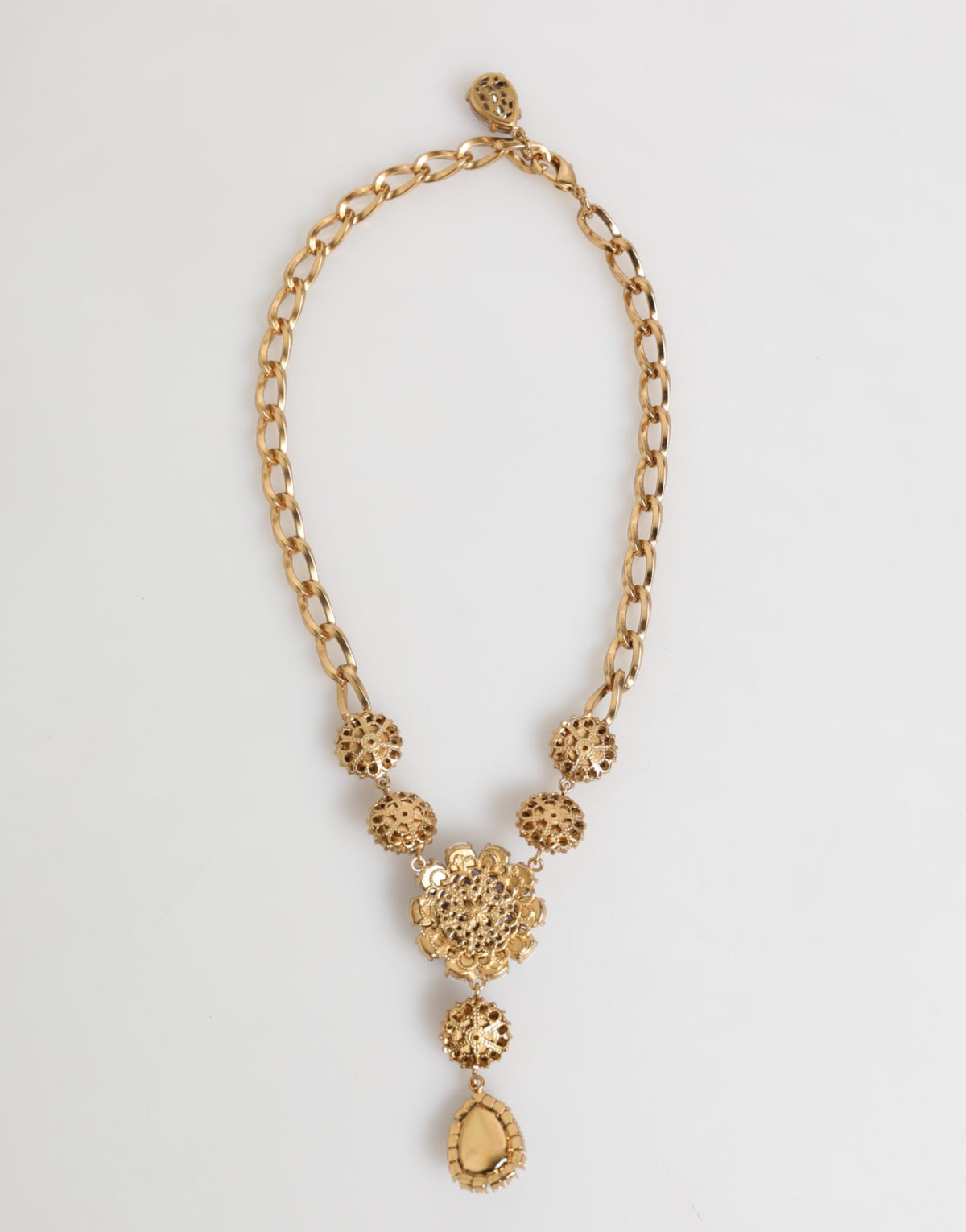 Dolce & Gabbana Gold Messing Kristall Perle Lila Floral Anhänger Schmuck Halskette