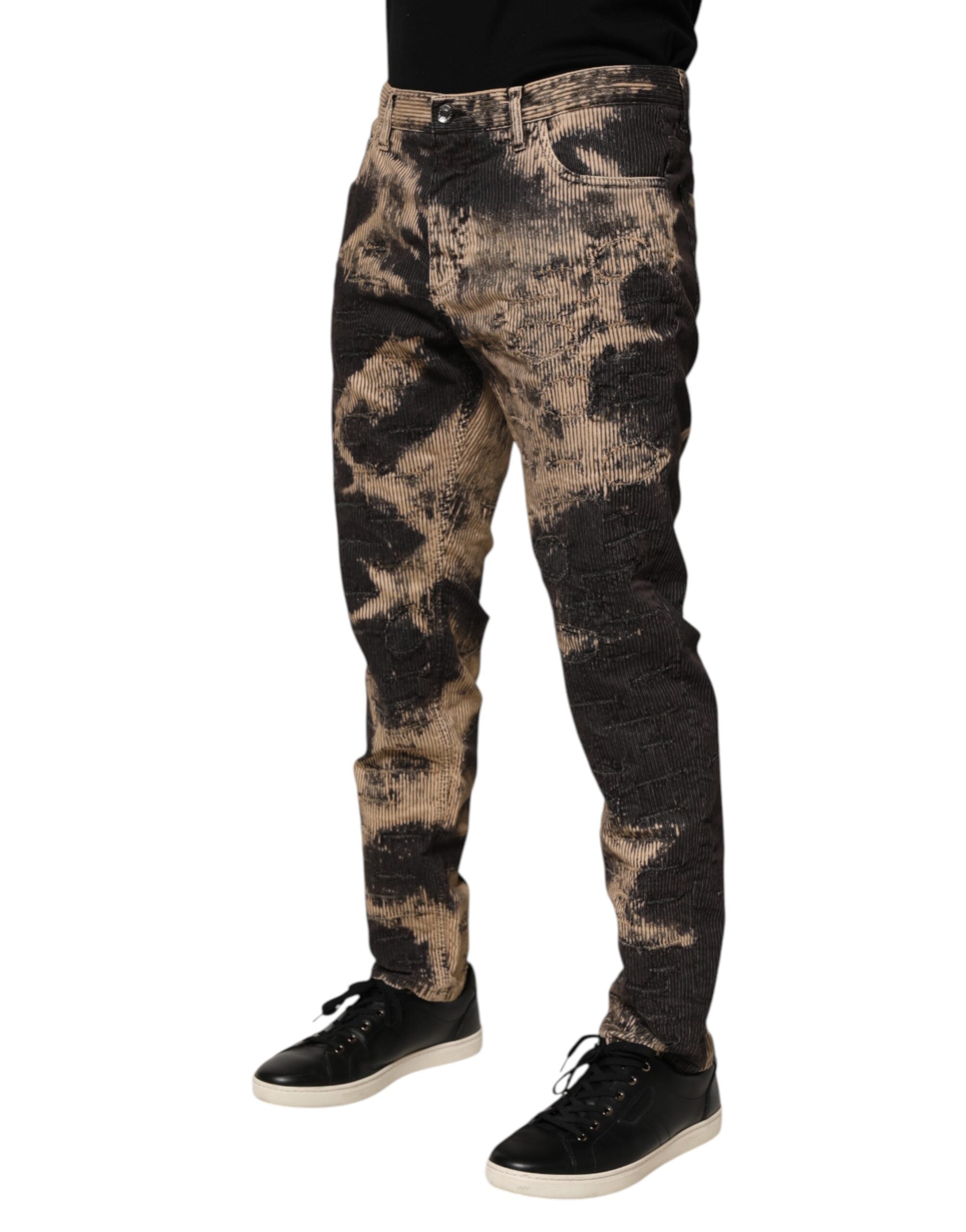 Dolce & Gabbana Beige Schwarze Cord-Hose mit Krawattenmuster aus Baumwollmischung
