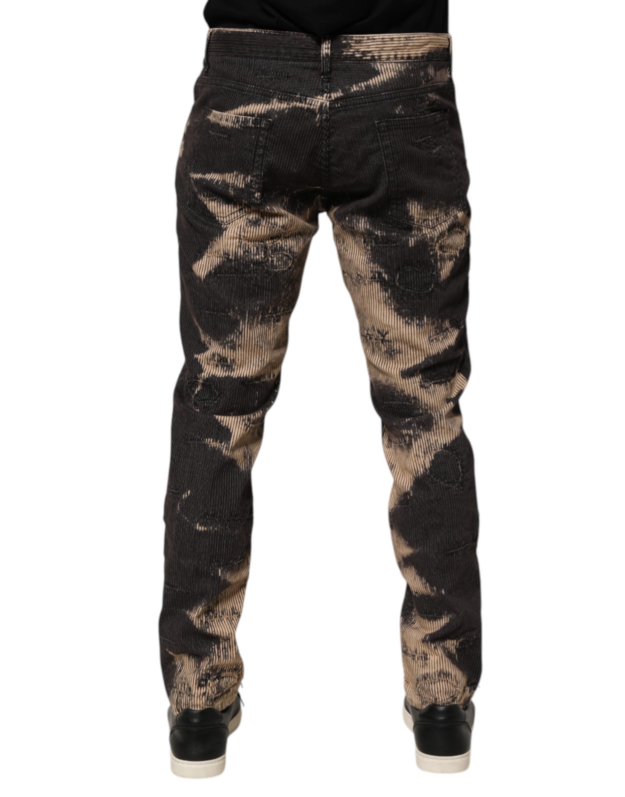 Dolce & Gabbana Beige Schwarze Cord-Hose mit Krawattenmuster aus Baumwollmischung