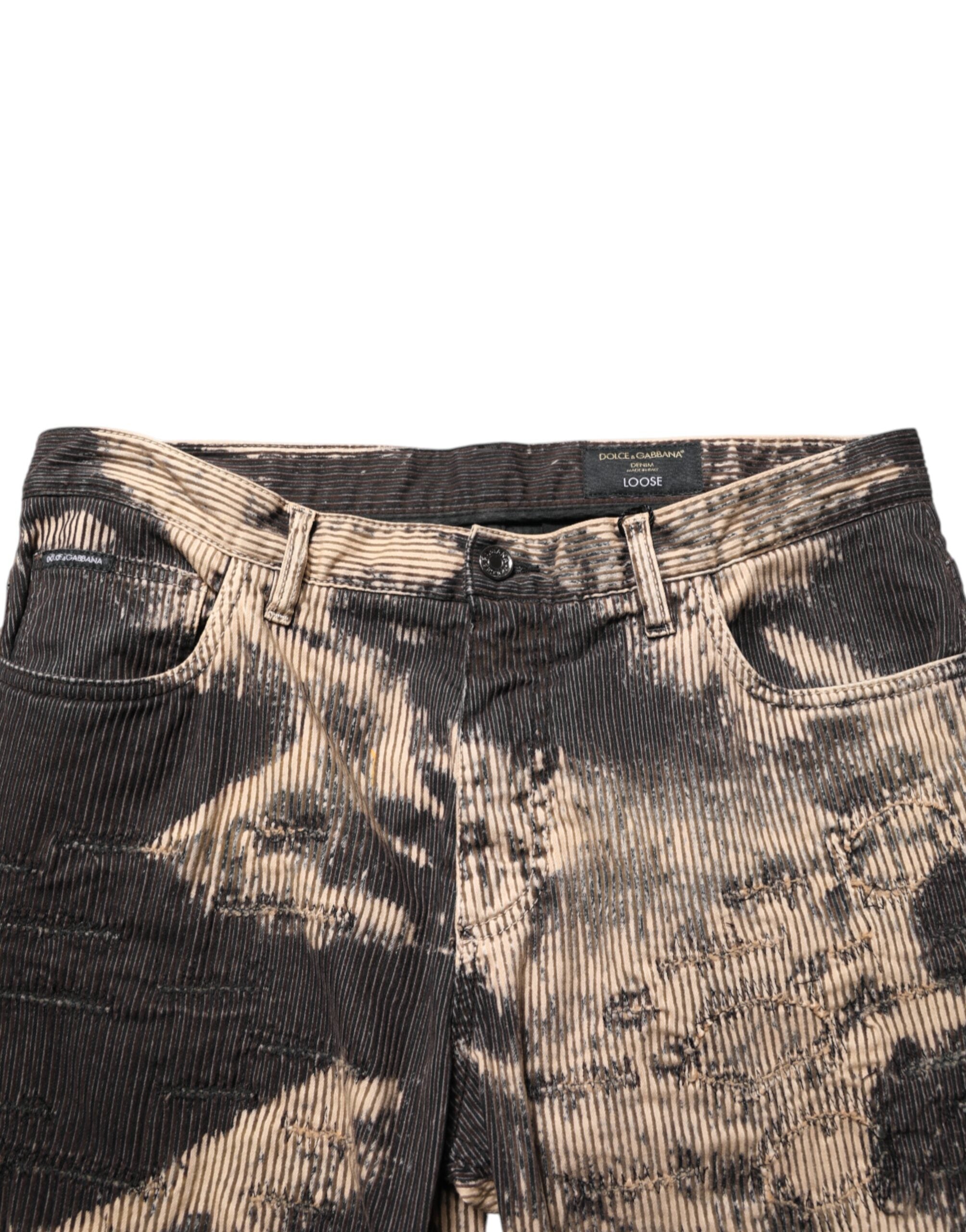 Dolce & Gabbana Beige Schwarze Cord-Hose mit Krawattenmuster aus Baumwollmischung