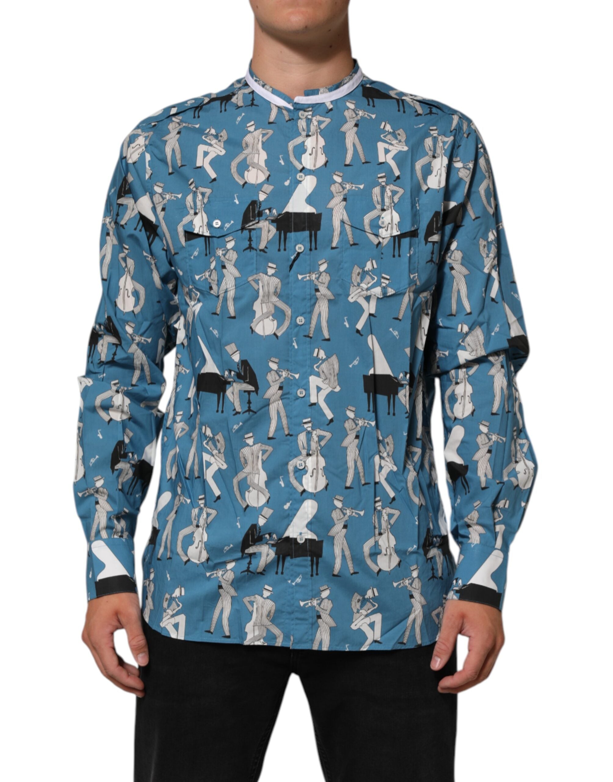 Dolce & Gabbana Blaues Jazz-Hemd aus bedruckter Baumwolle mit Knopfleiste