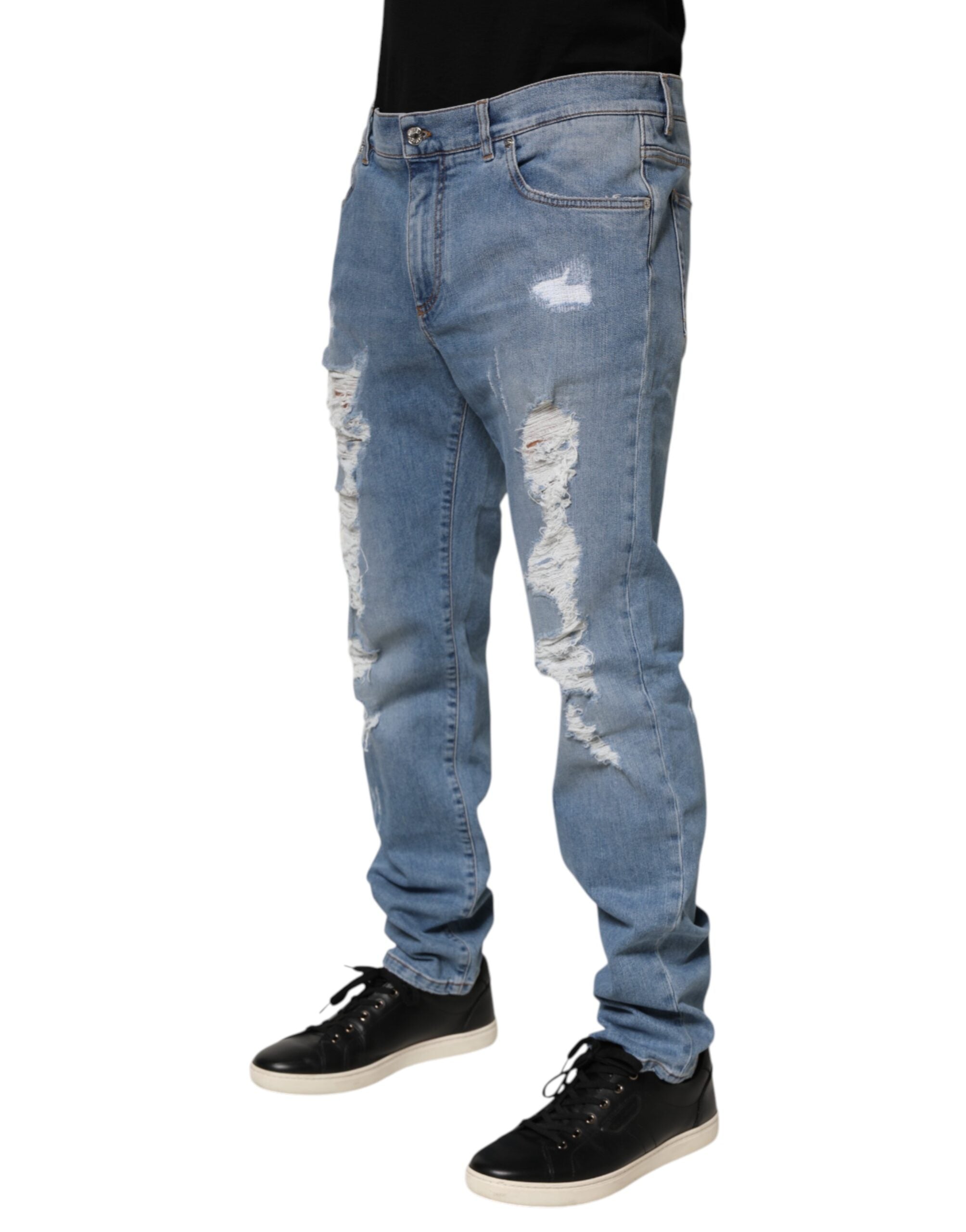 Dolce & Gabbana Blaue zerrissene Slim Fit Jeans aus Baumwolldenim
